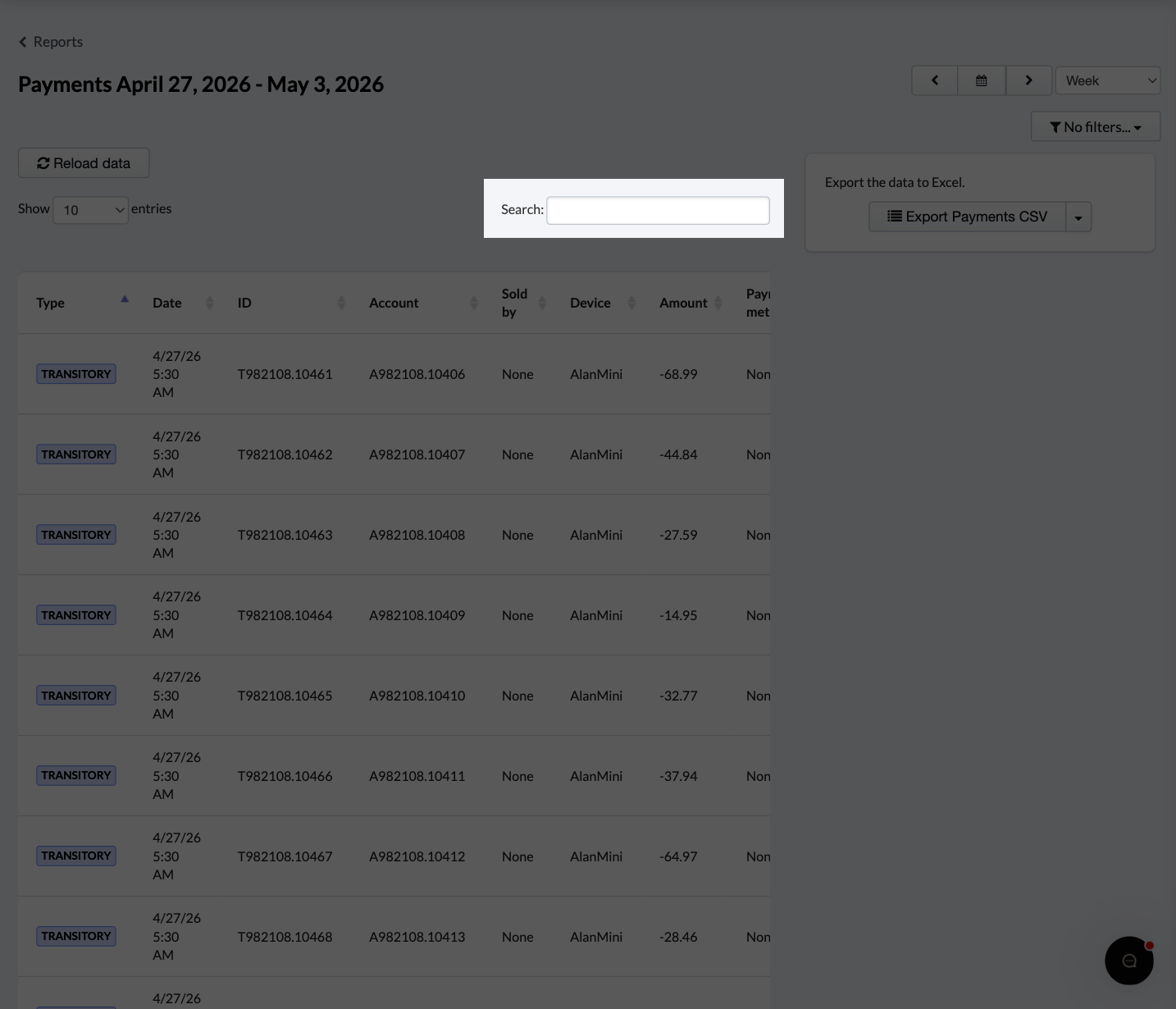 The search option will allow you to search by account name, amount, sold by, paid to, device, account, or reference.