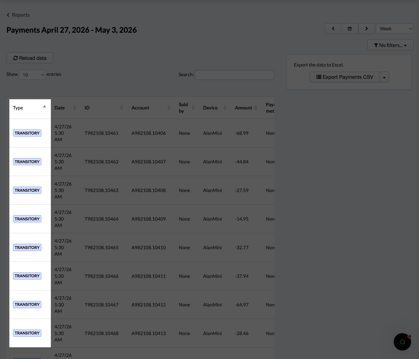 The default view for the payments report shows that day's transactions.