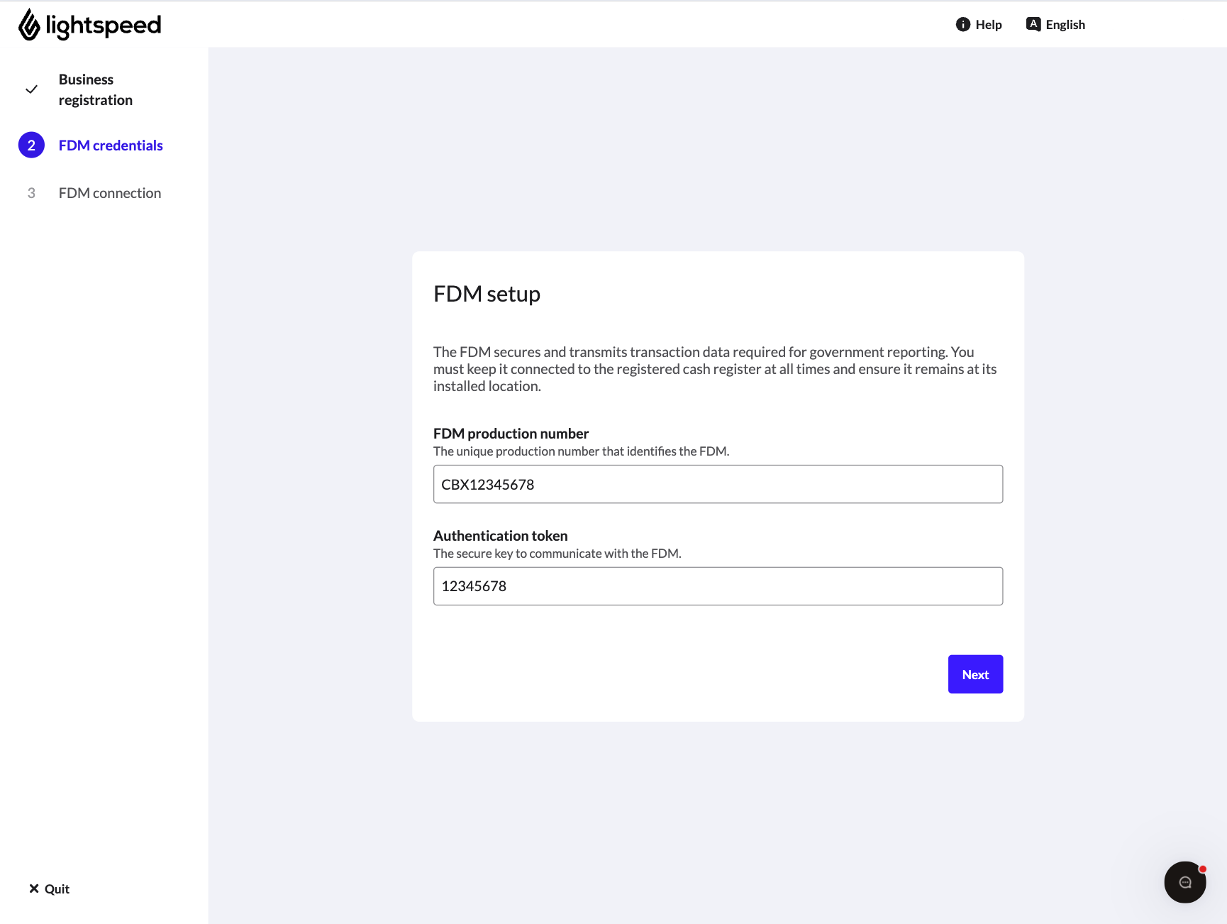 The screen for FDM production number and Authentication token