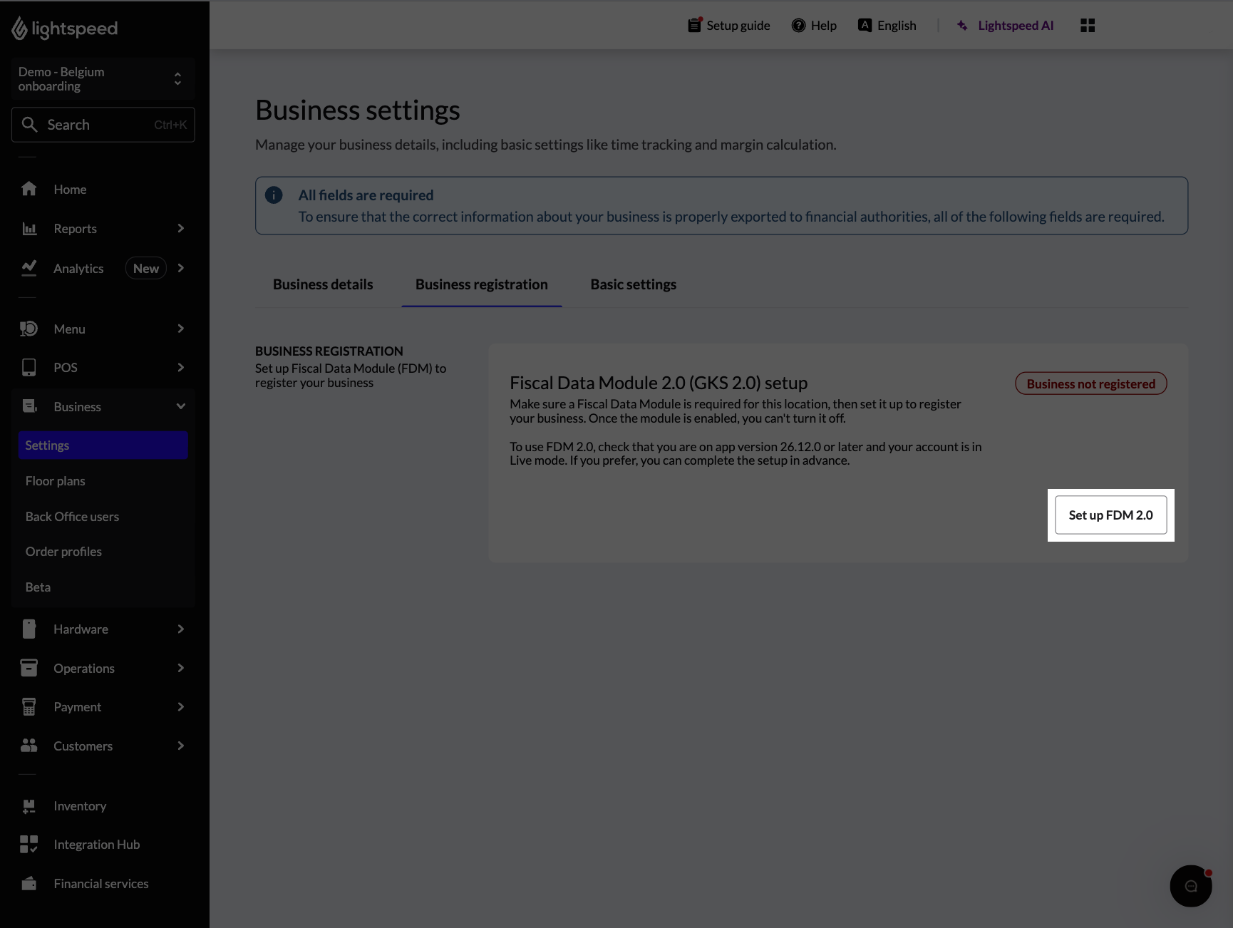 The Set up FDM 2.0 button highlighted