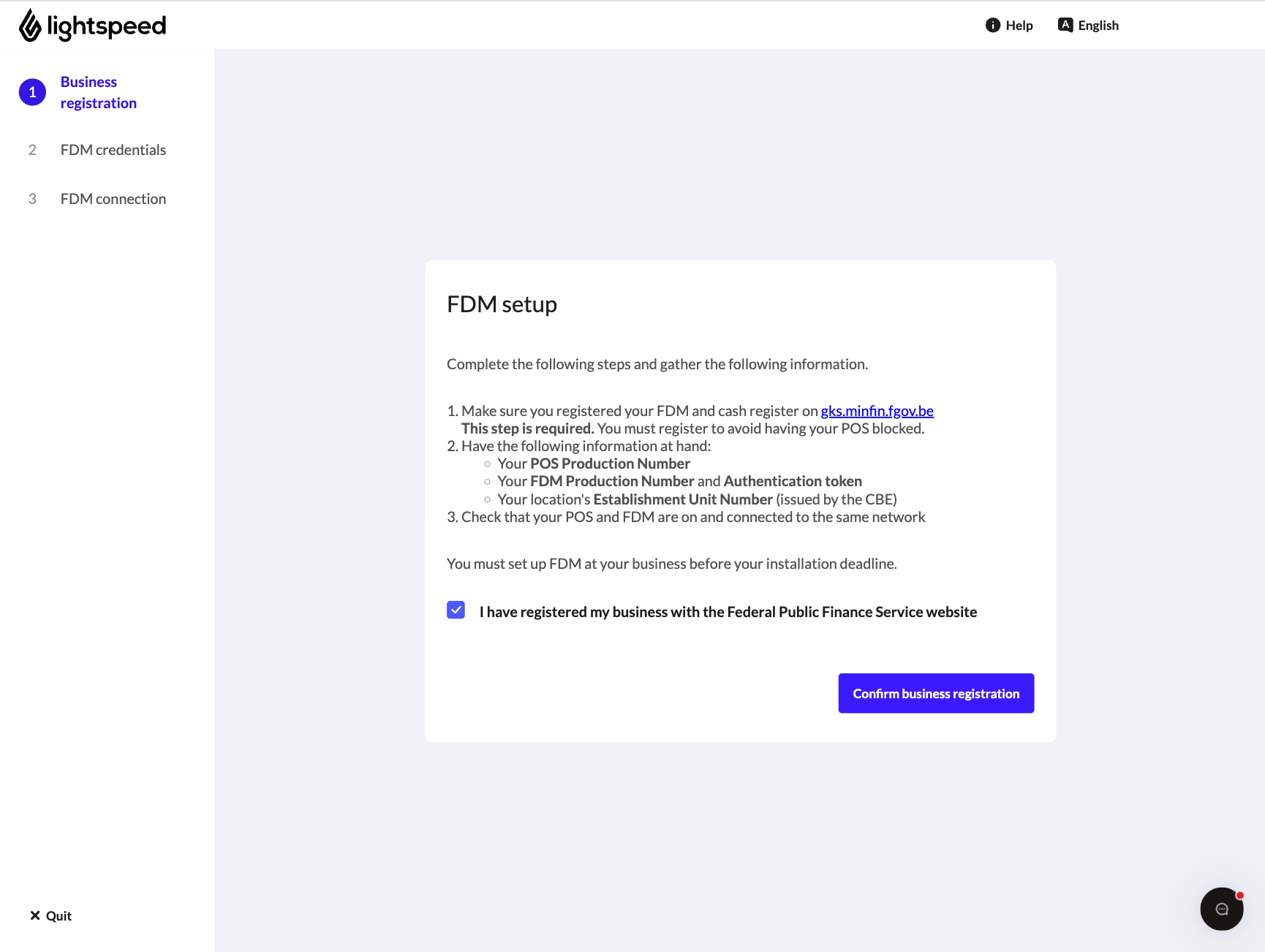 The screen with the checkbox and Confirm business registration button