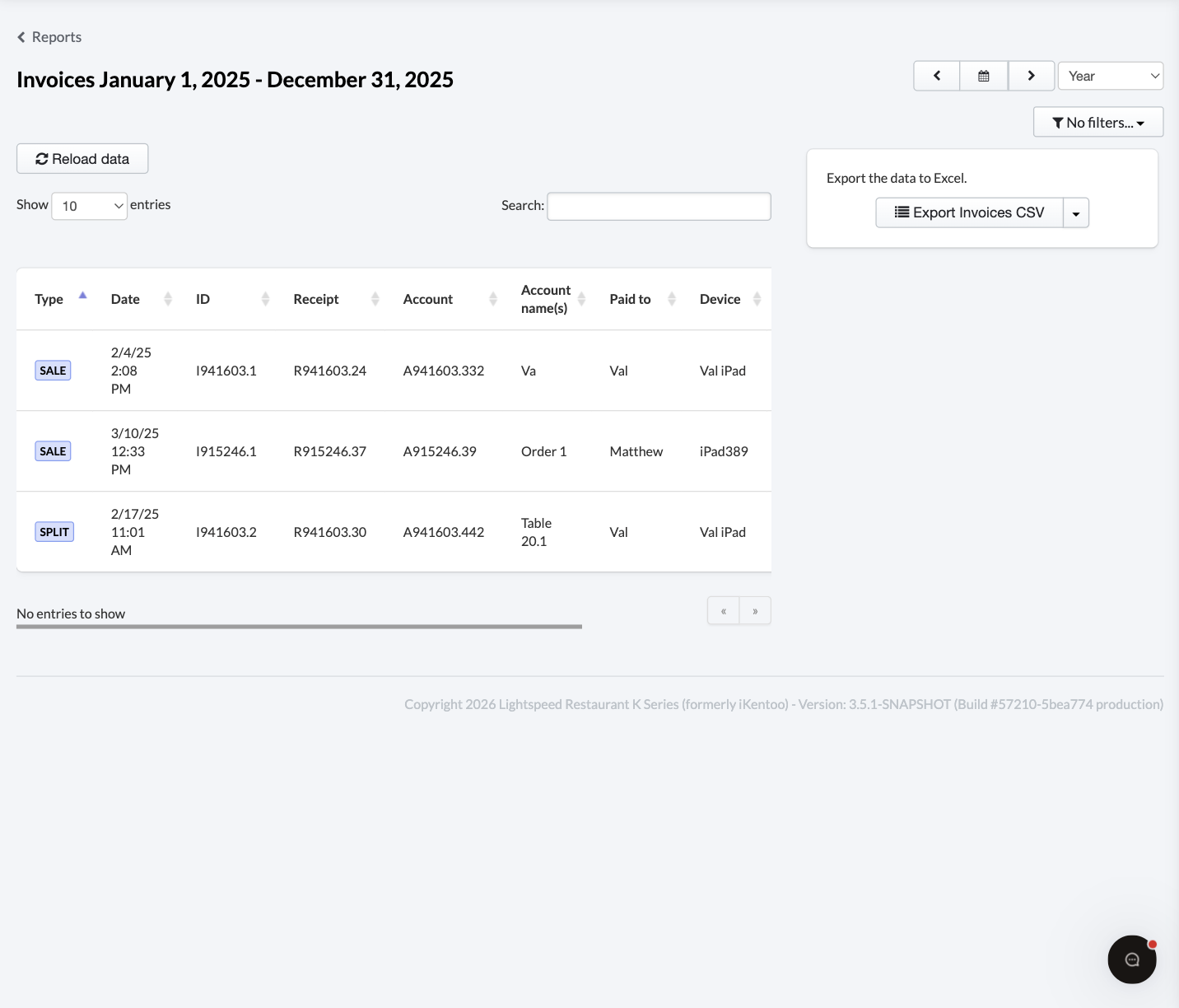 Primary view for the Invoices report