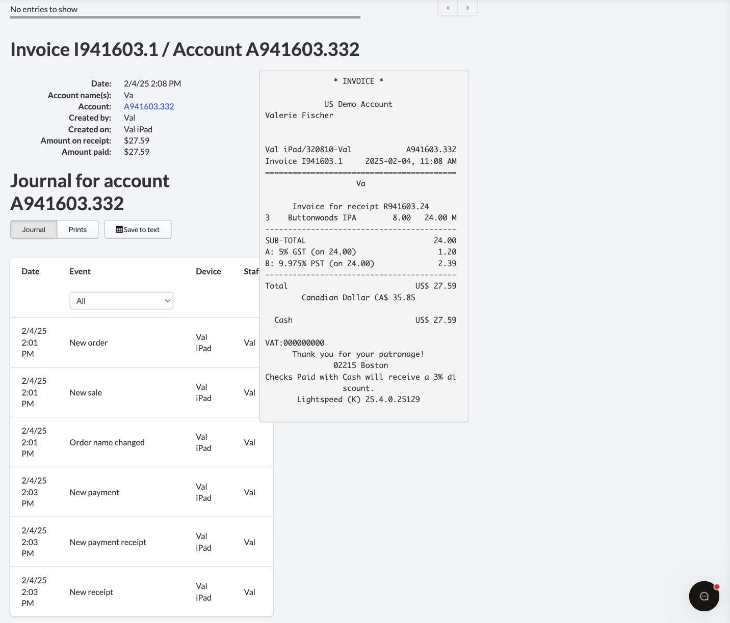 Journal view for invoices