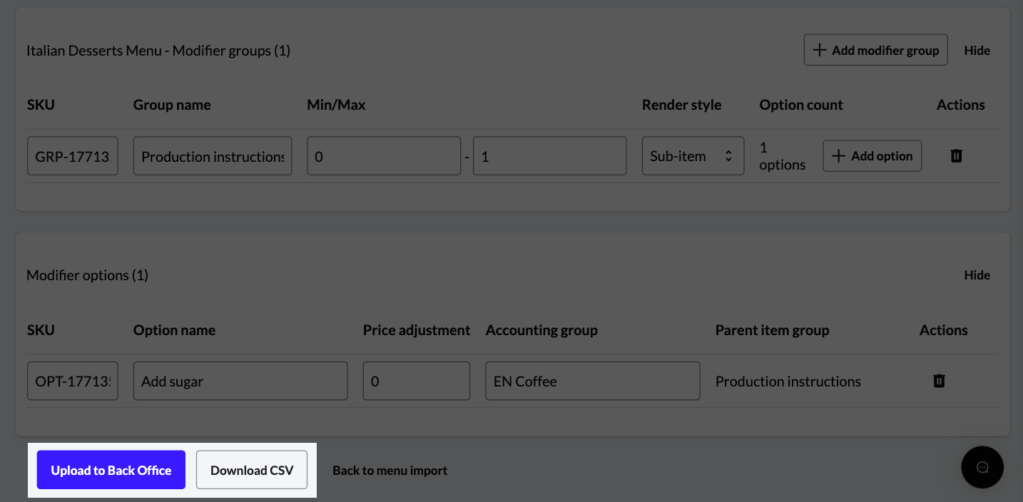 De uitgelichte knoppen Uploaden naar backoffice en CSV downloaden