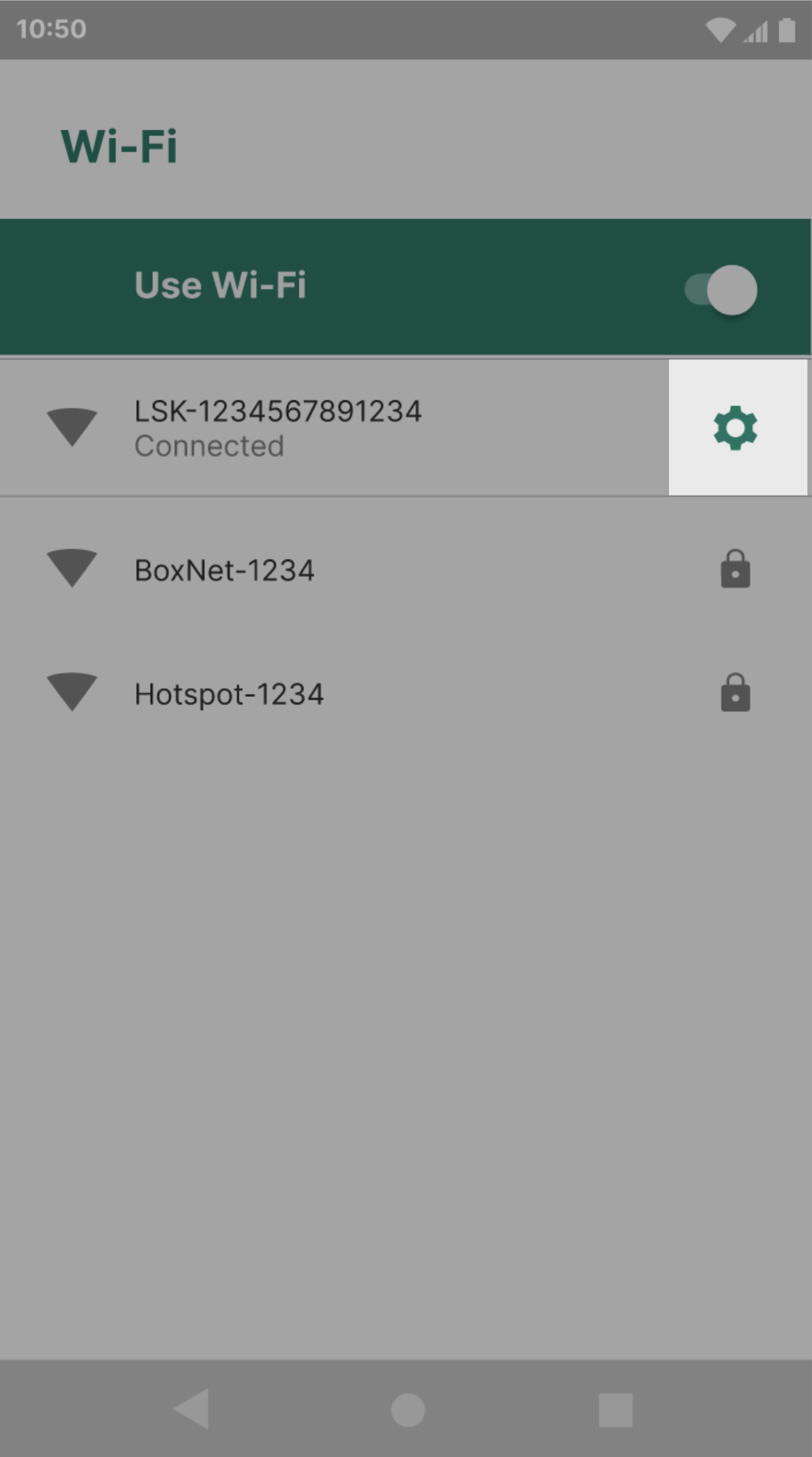 Terminal screen showing the cog icon (Settings) highlighted to the right of the Wi-Fi network.