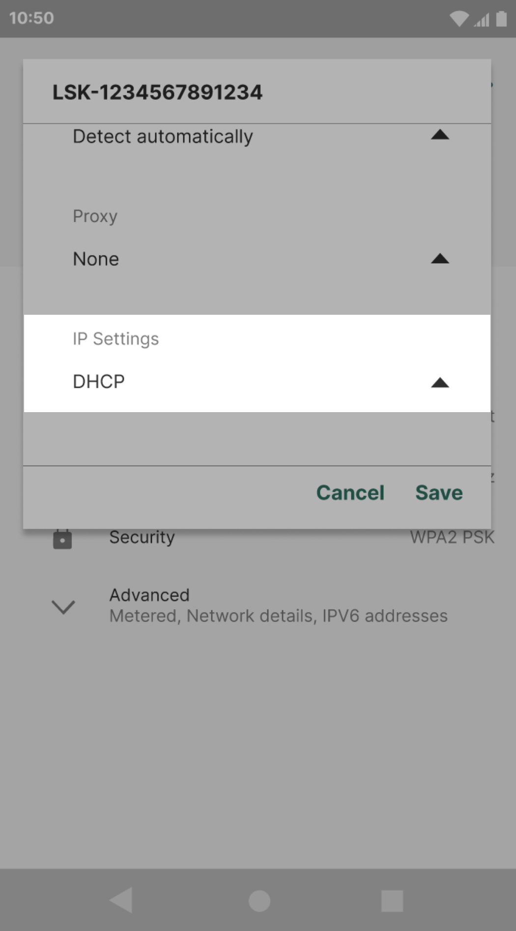 Terminal screen showing the DHCP option highlighted.