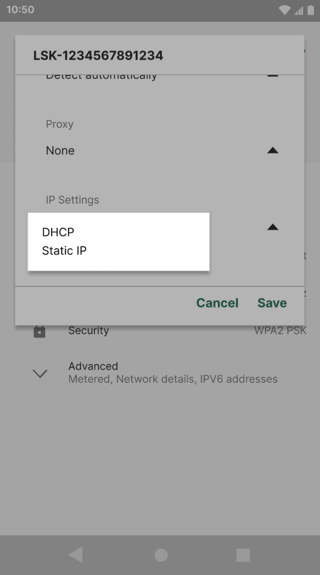 Terminal screen showing the DHCP option set to Static IP highlighted.