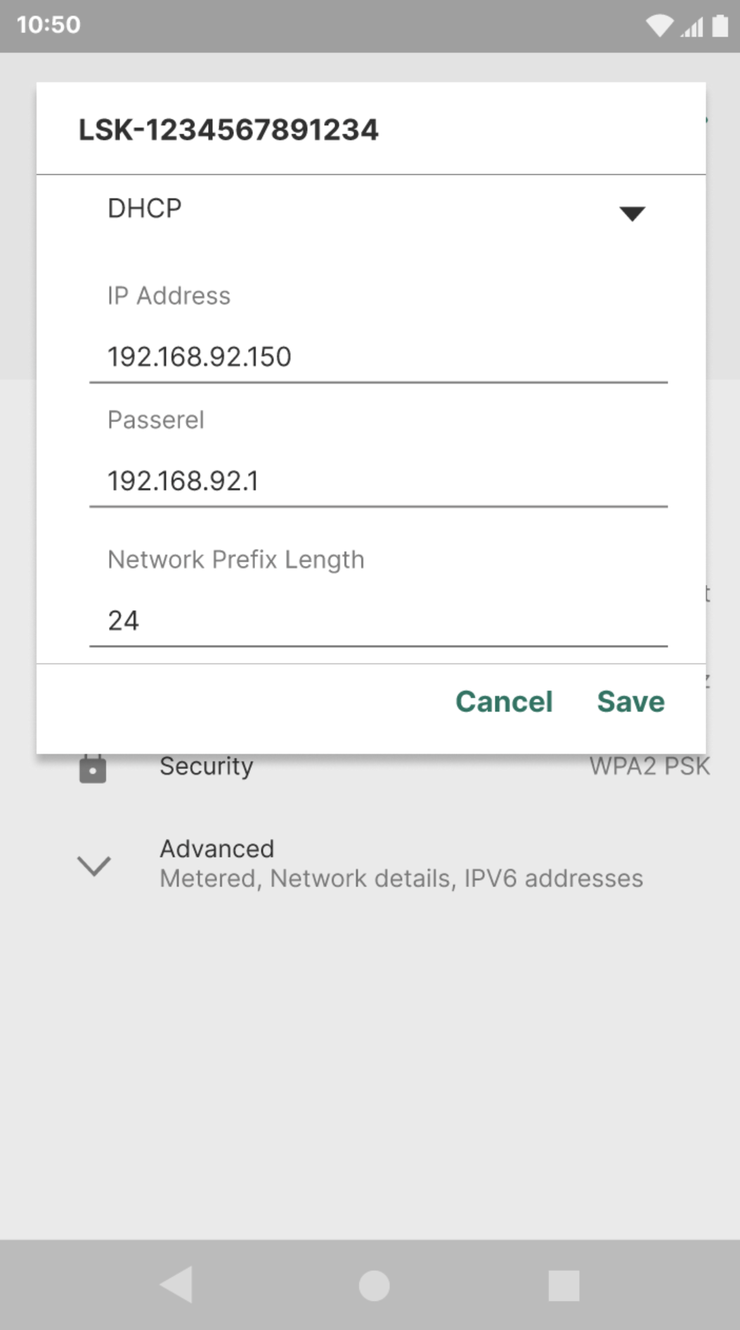 Terminal screen showing the IP address set to 192.168.92.150, gateway set to 192.168.92.1, and network prefix length set to 24.