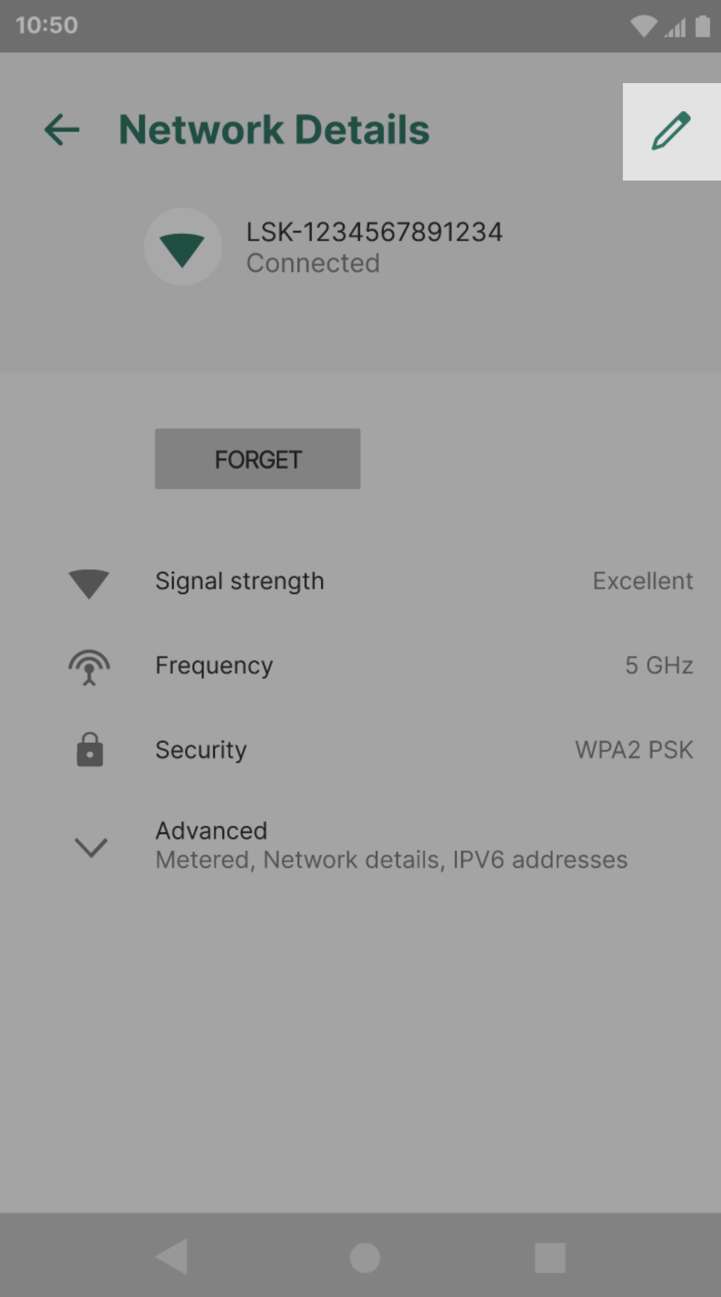 Terminal screen showing the pencil icon (Edit) highlighted to the right of the Wi-Fi network name.