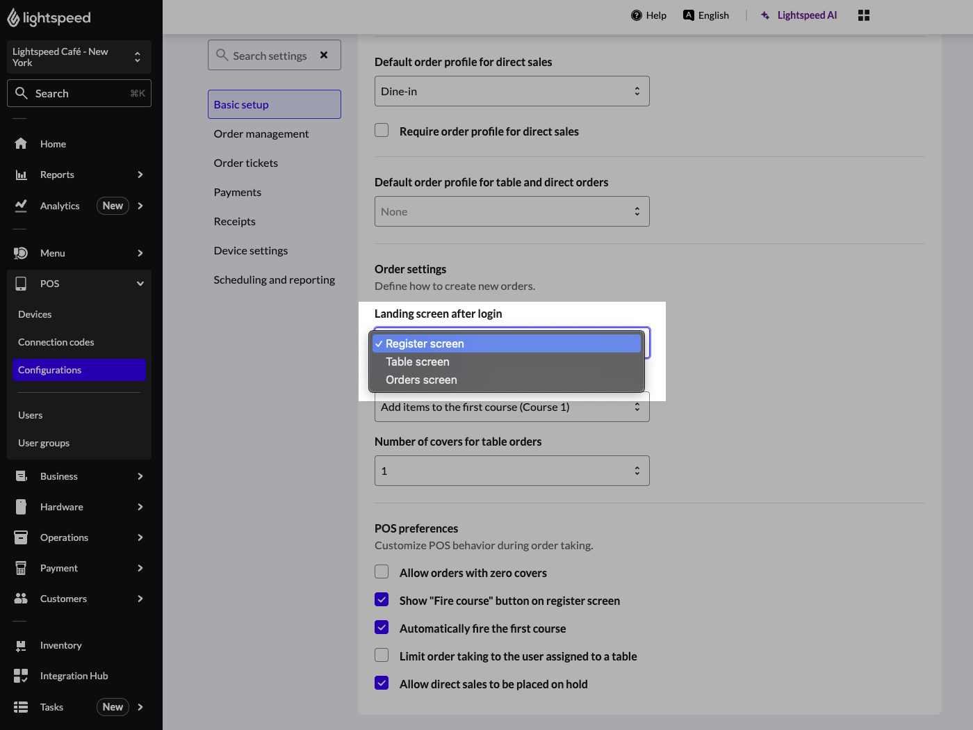 The POS Configurations page in Lightspeed Restaurant. The setting 'Landing screen after login' has been highlighted.