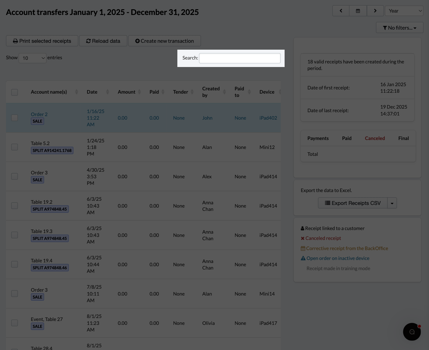 The search option will allow you to search by account name, amount, sold by, paid to, device, account, or reference.