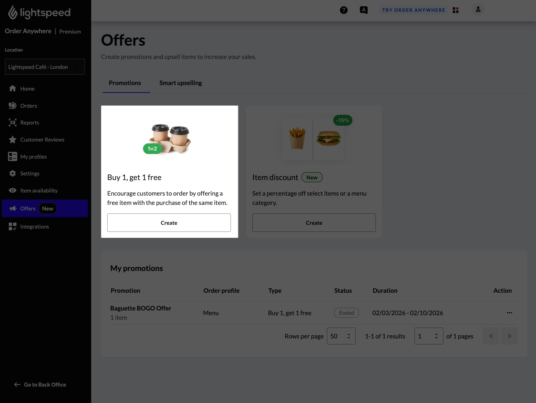 The Order Anywhere Offers page with the Buy 1, get 1 free tile highlighted