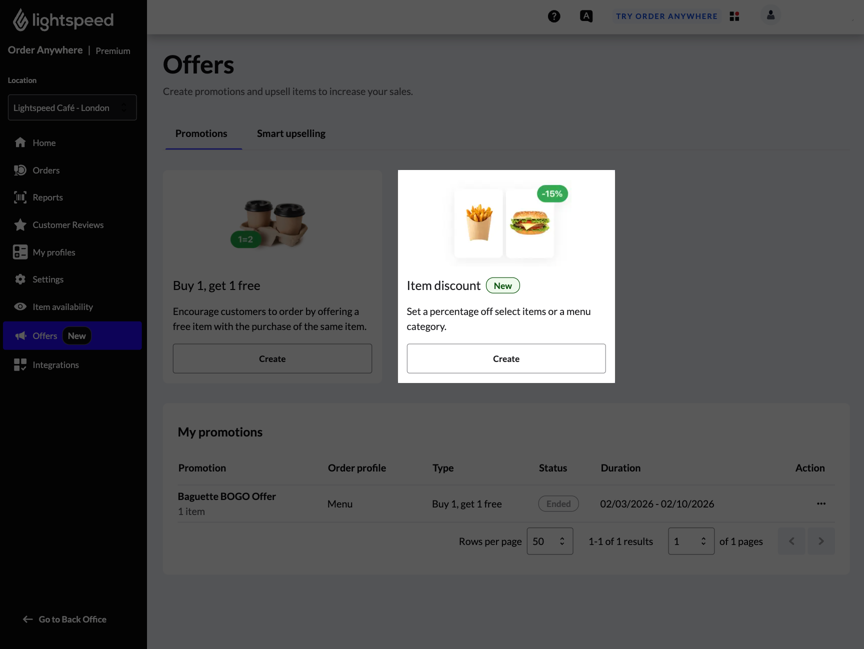The Order Anywhere Offers page with the Item discount tile highlighted