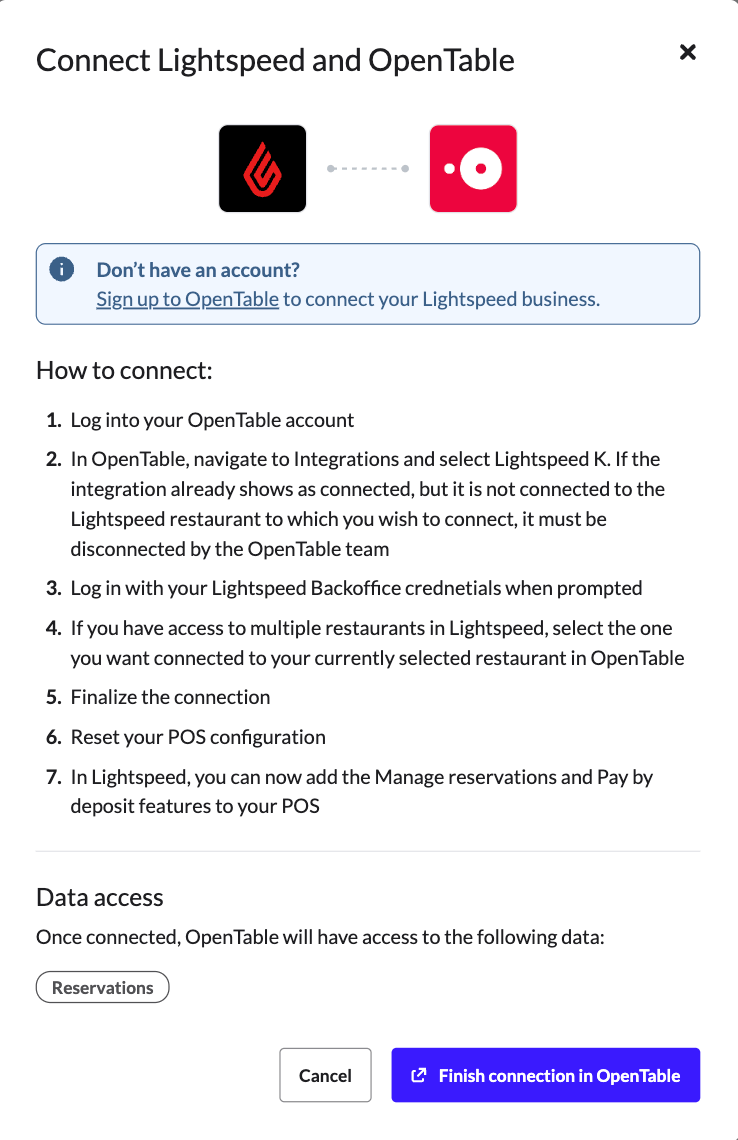 La fenêtre contextuelle « Terminer le processus de connexion sur OpenTable »