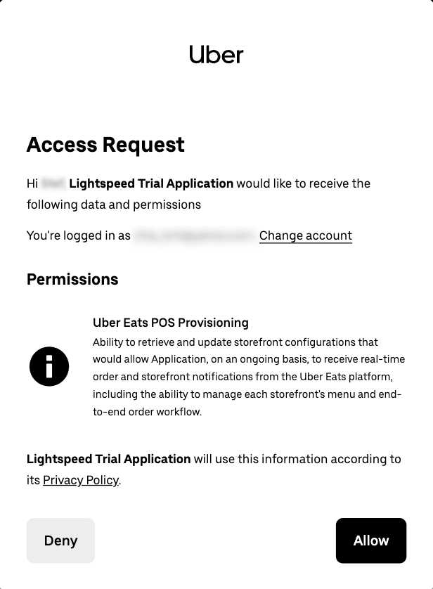 La fenêtre contextuelle 'Access Request' (Demande d'accès) sur le site web d'Uber Eats
