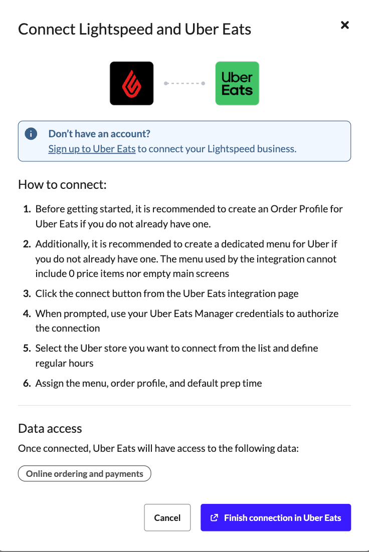 La fenêtre contextuelle avec le bouton 'Terminer le processus de connexion sur Uber Eats'