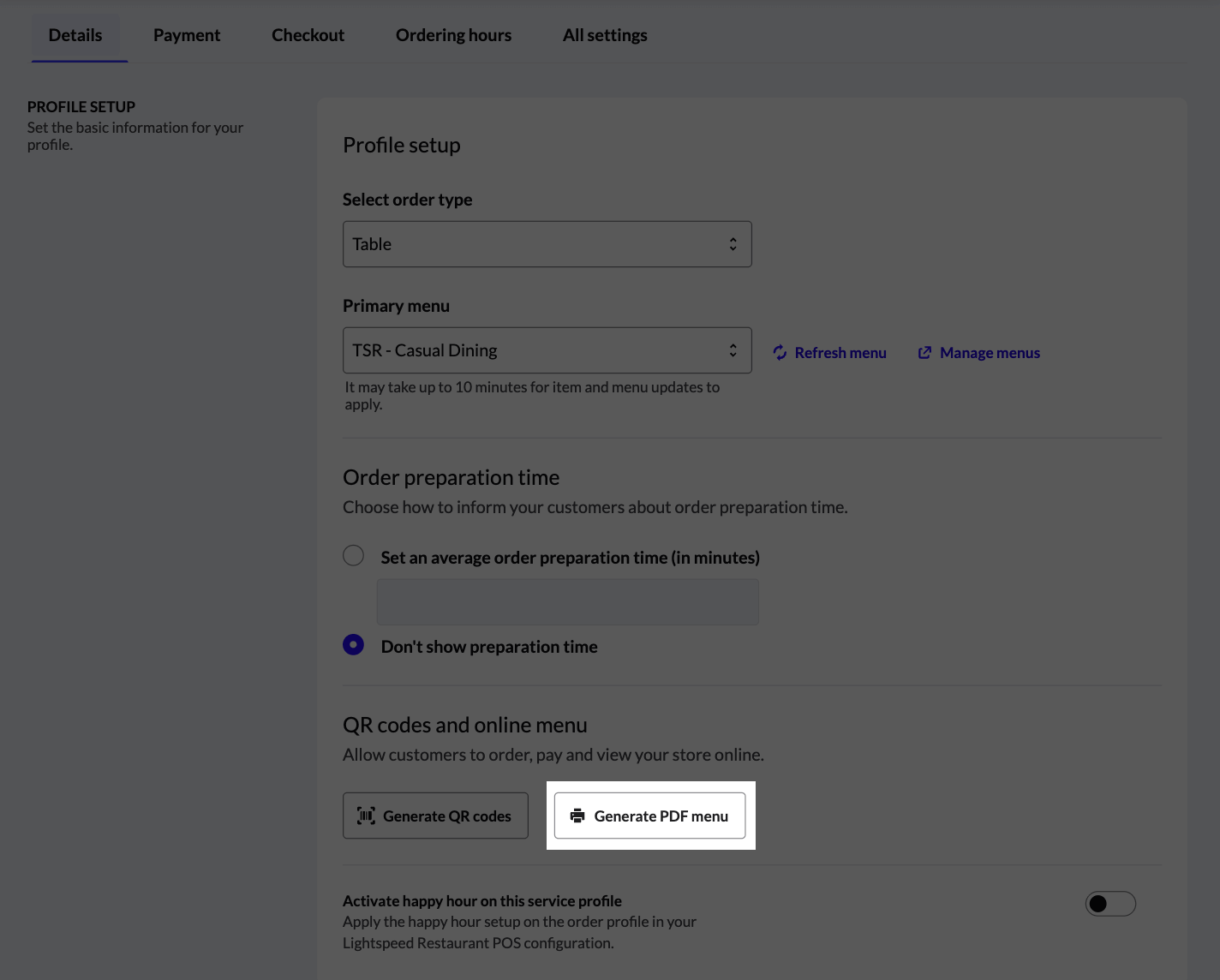 La page « Détails » avec le bouton « Générer un menu PDF » mis en surbrillance