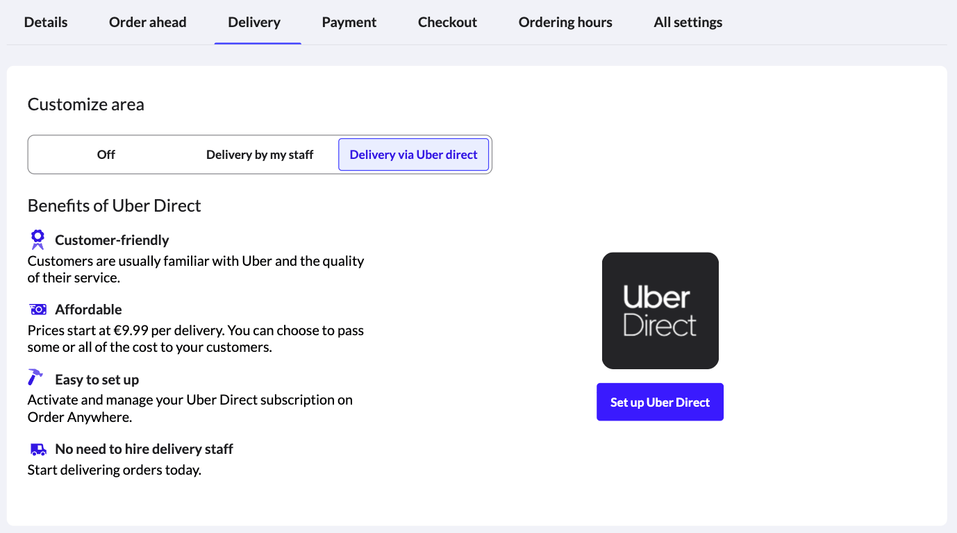 La page 'Configurer Uber Direct'
