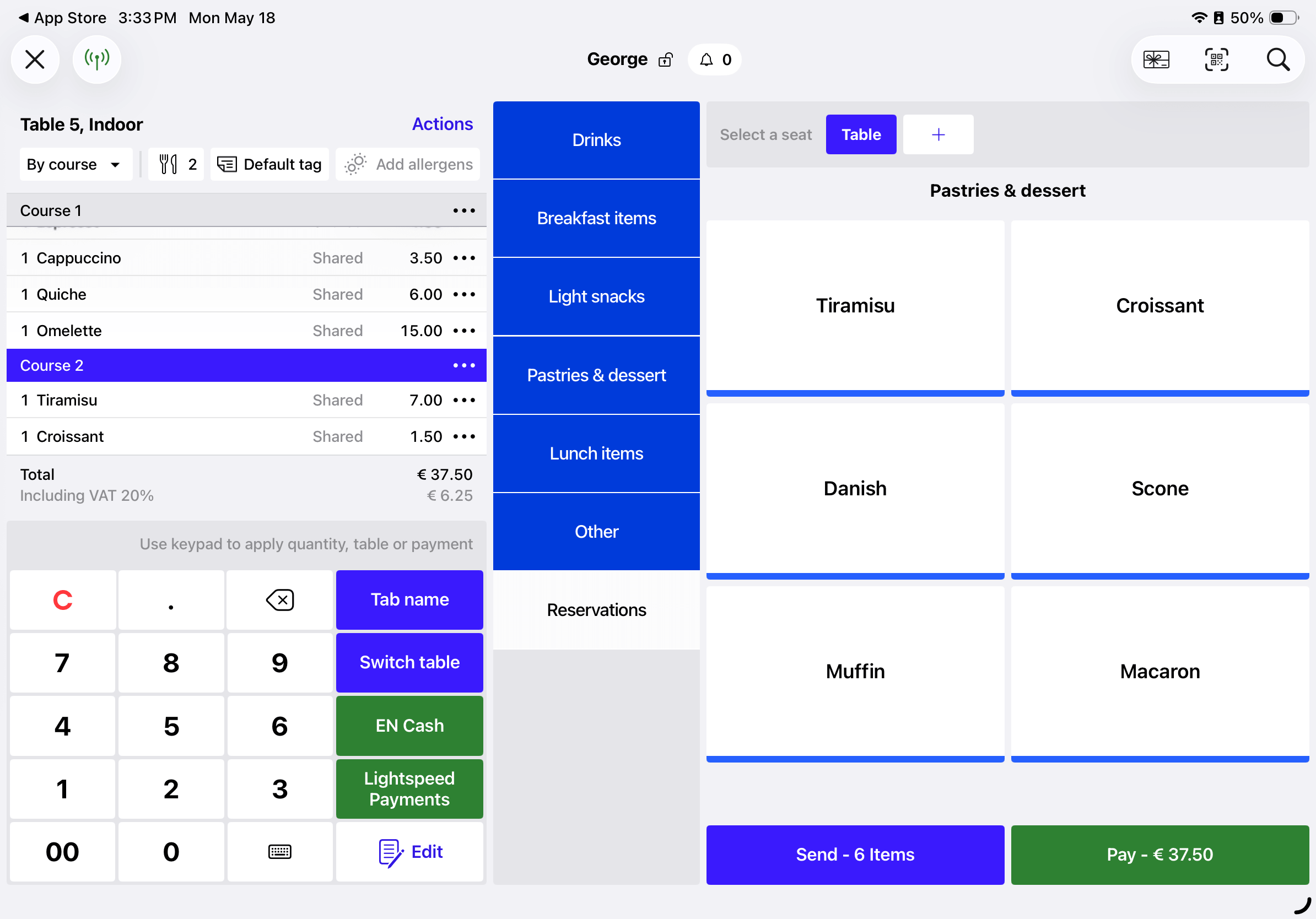 Restaurant POS app Order screen with an open order displayed