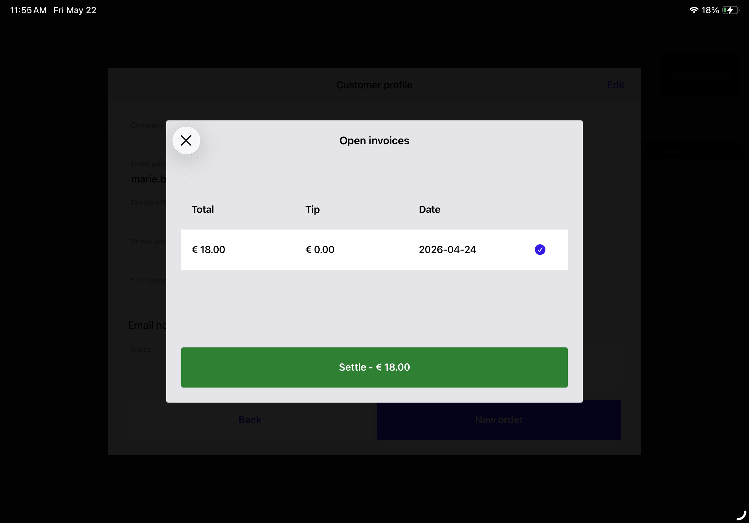 Open invoices screen showing a customer's invoice and the "Settle" button.