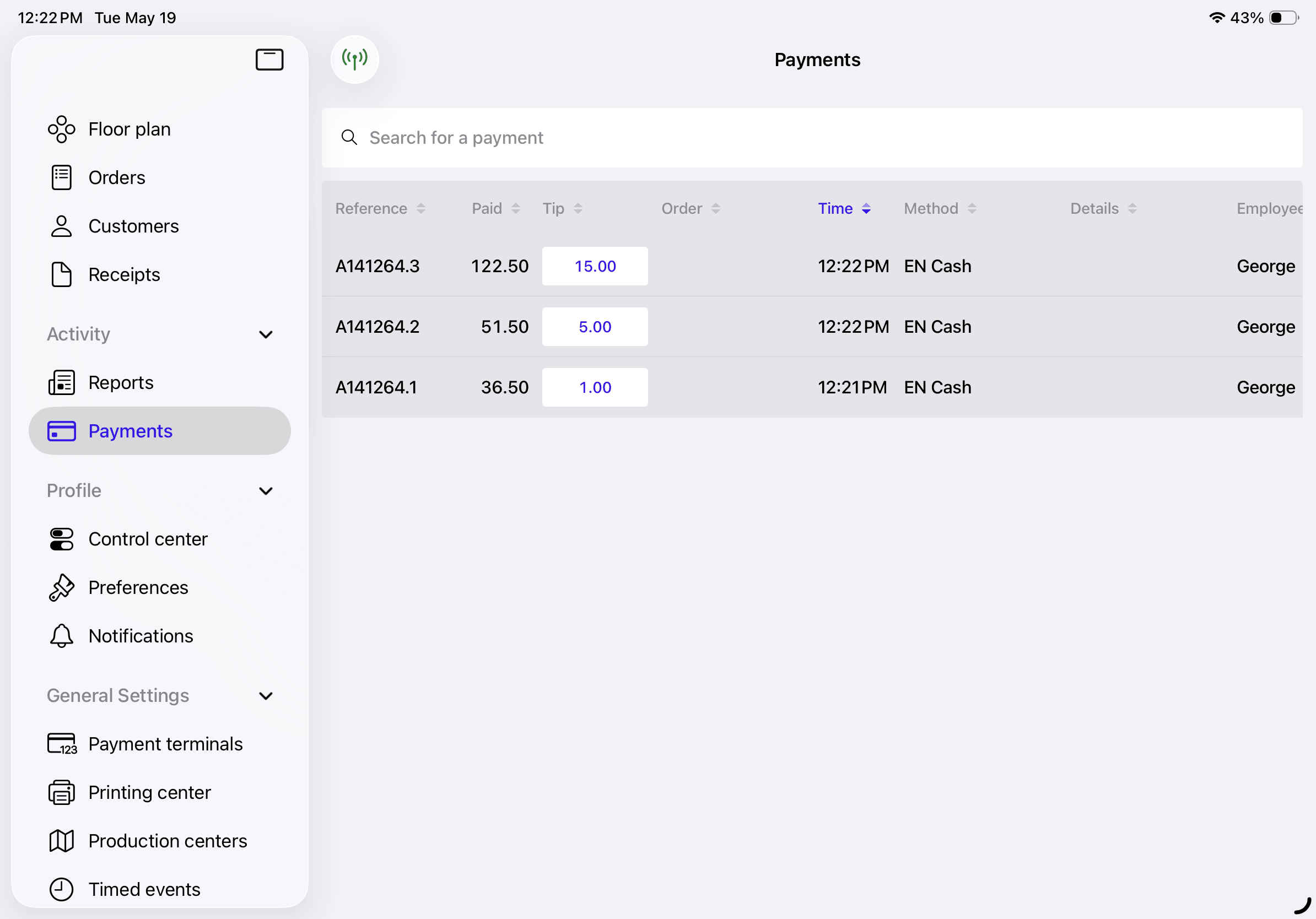 Payments screen showing closed orders of the day.