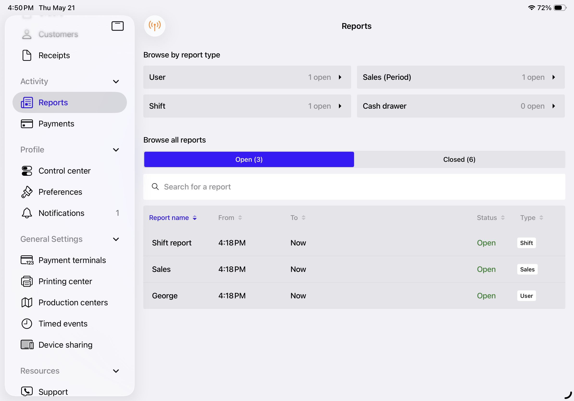 Reports screen showing filters and list of open reports.