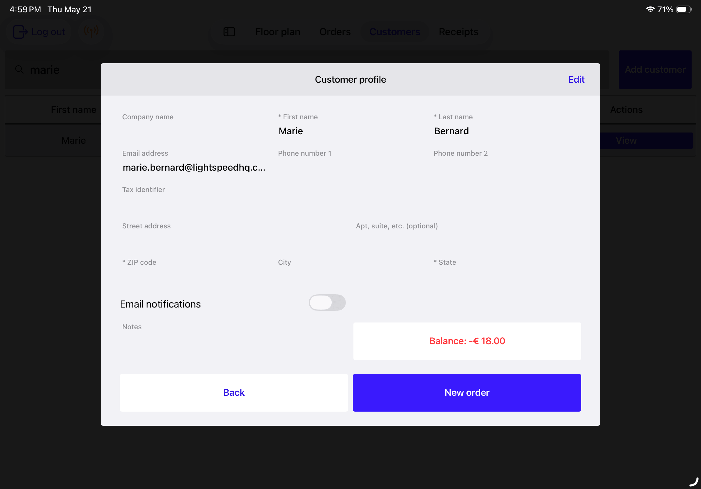 Customer profile showing a negative balance and "New order" button.