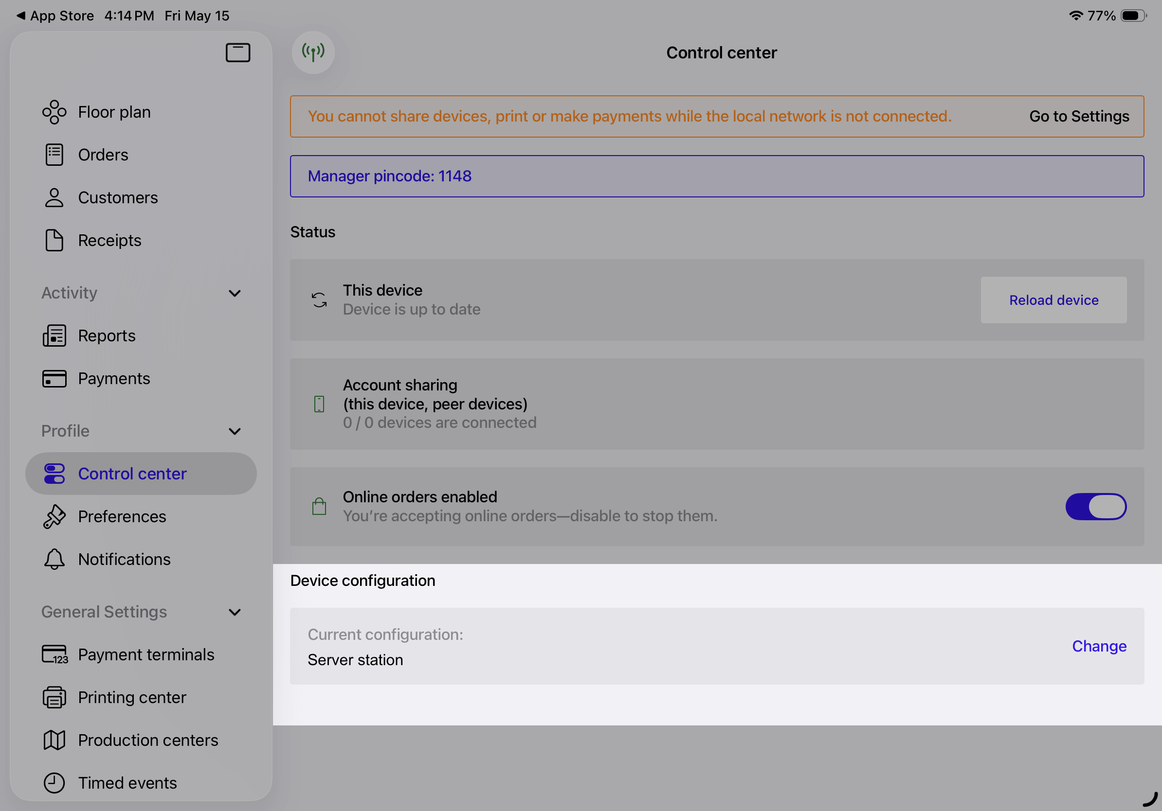 Control center screen showing the current POS configuration and "Change" button highlighted.