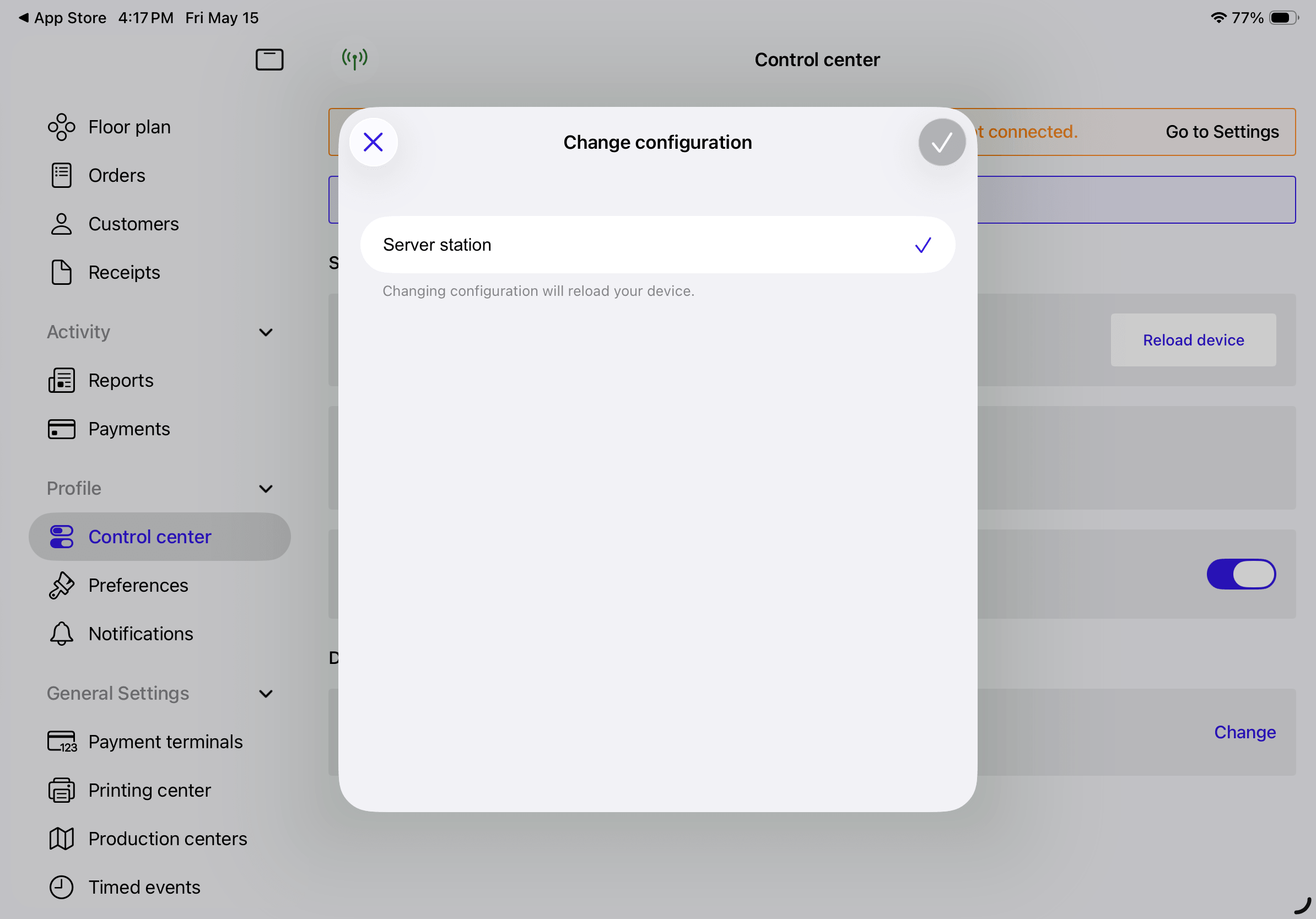 Change configuration pop-up showing POS configuration options to select and confirm.