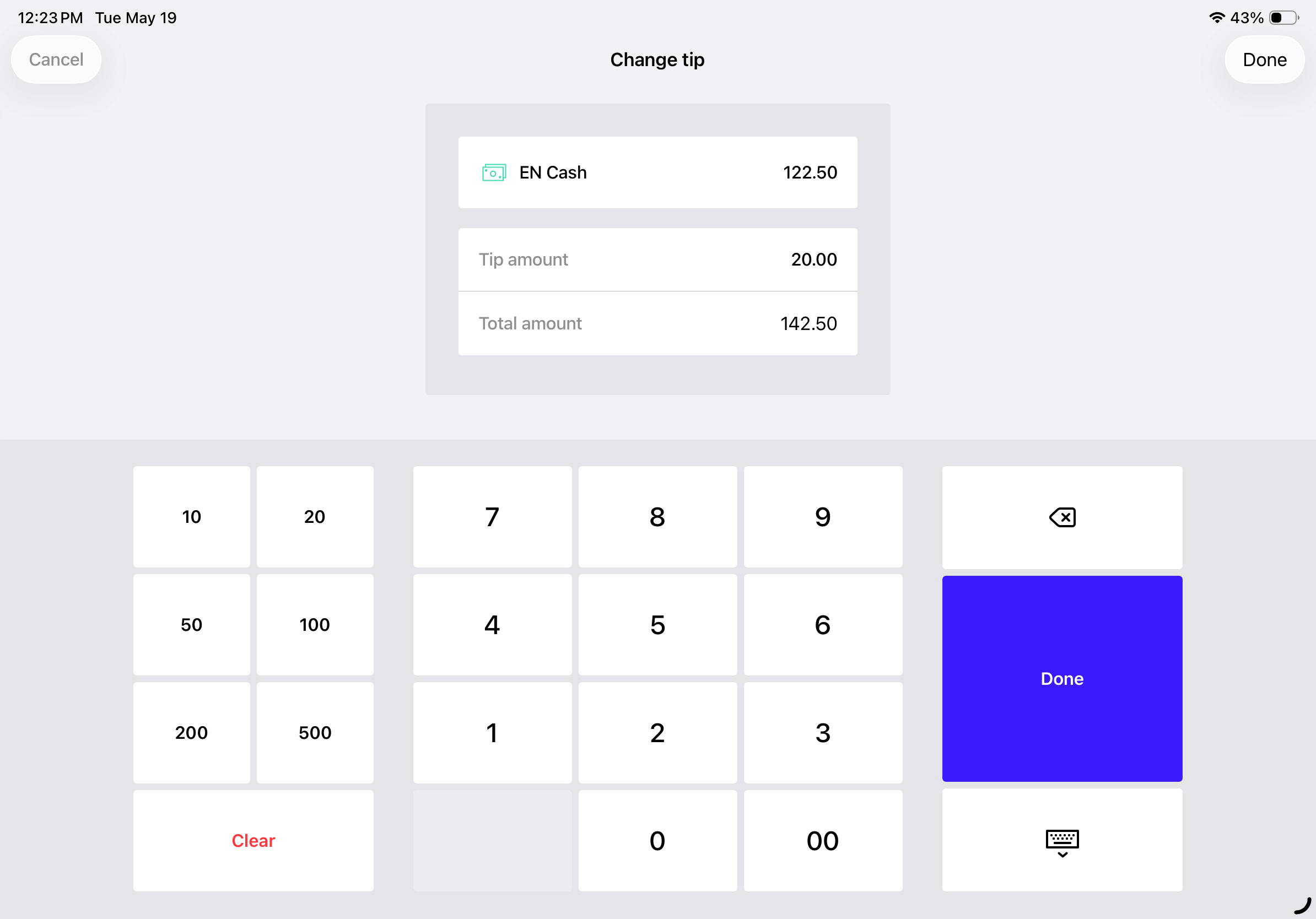Change tip pop-up showing a tip amount of 20 dollars entered.