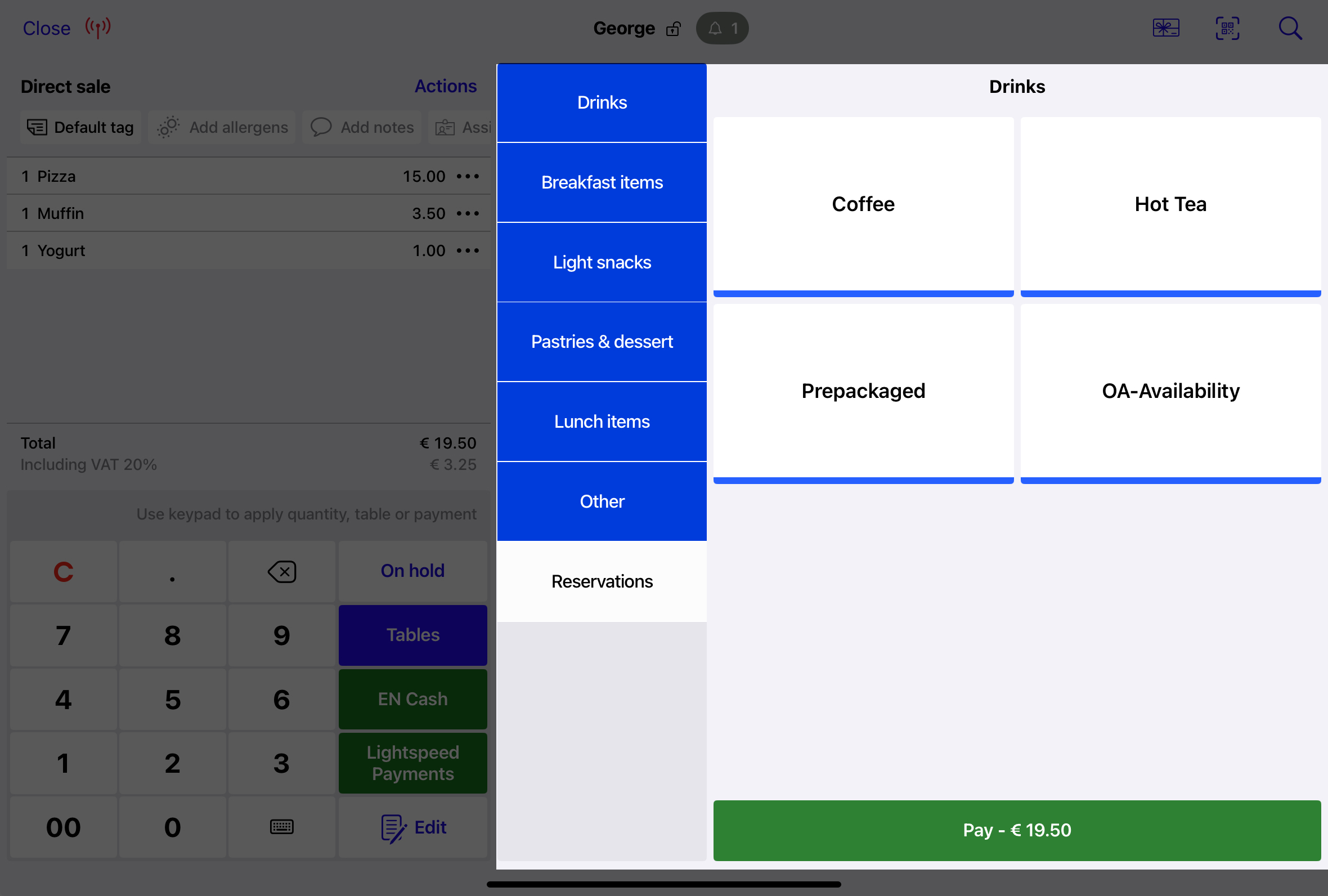 The Register screen in Restaurant POS. The menu is highlighted.