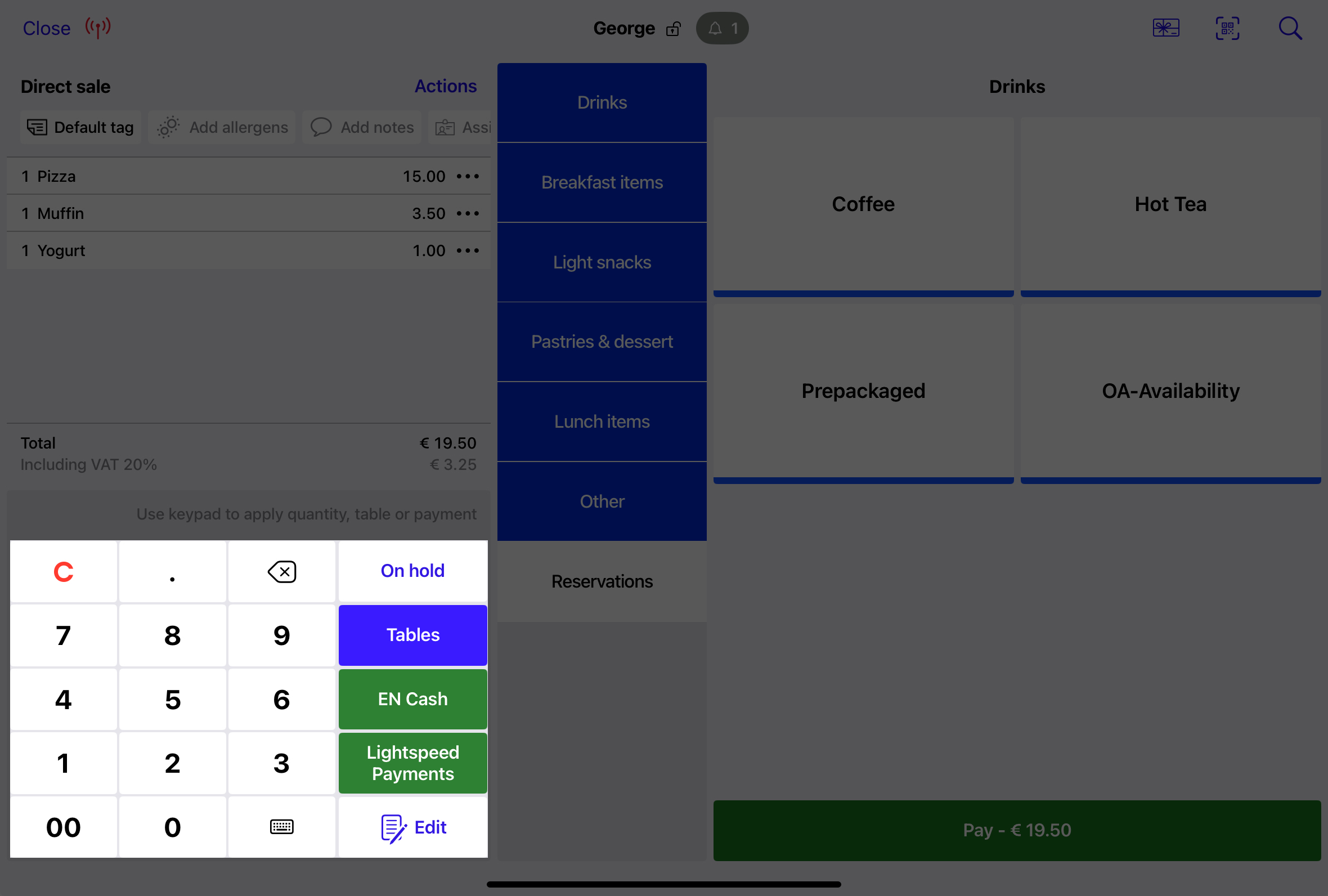 The Register screen in Restaurant POS. keypad is highlighted.