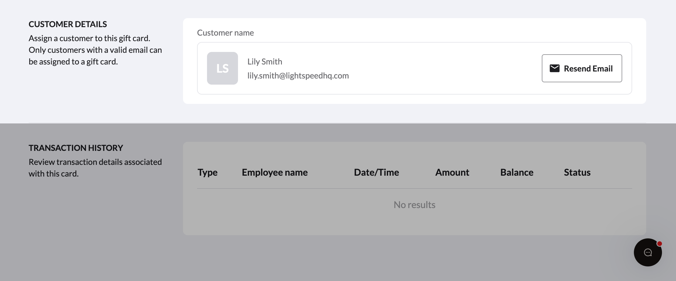 The customer details section when editing a gift card, showing the customer's name and email.