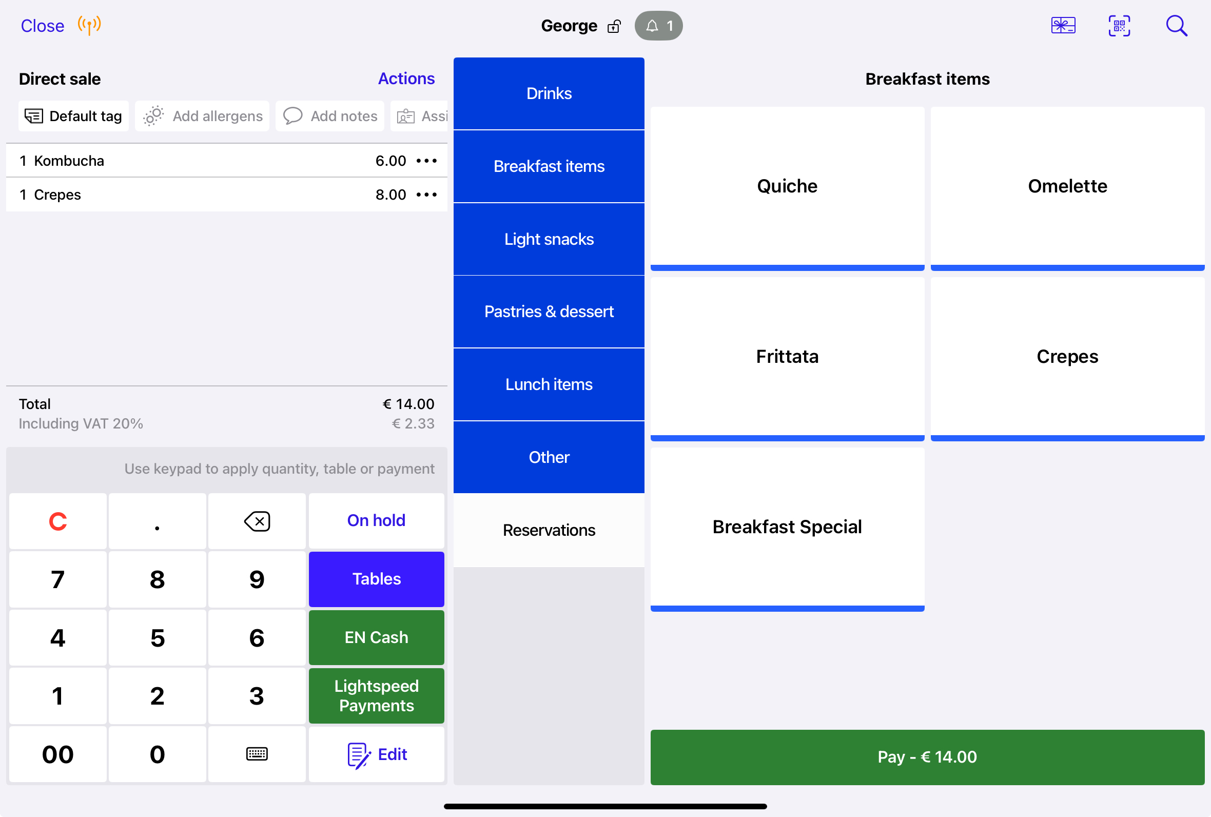 The Register screen in Restaurant POS. A Direct Sale order is open.