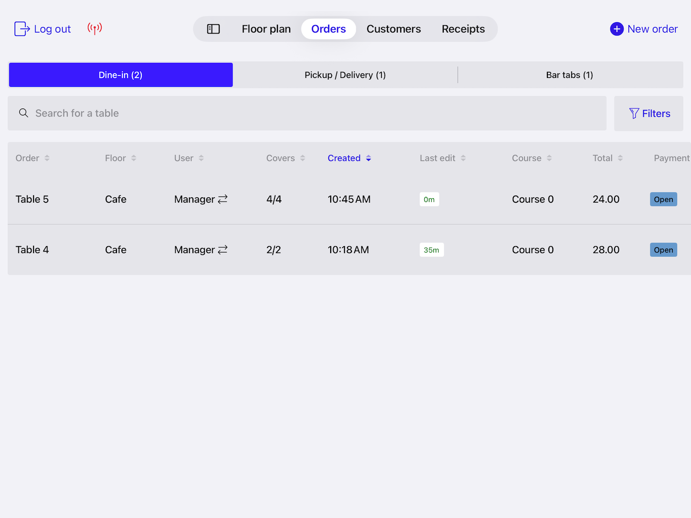 The Orders screen in Lightspeed POS set to the Dine-in tab.