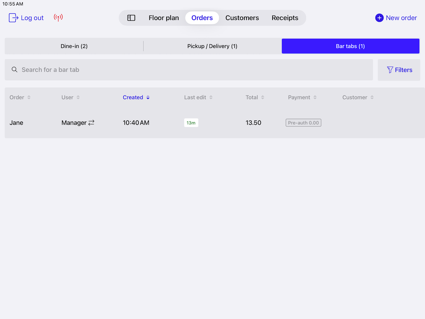 The Orders screen in Lightspeed POS set to the Bar Tabs tab.