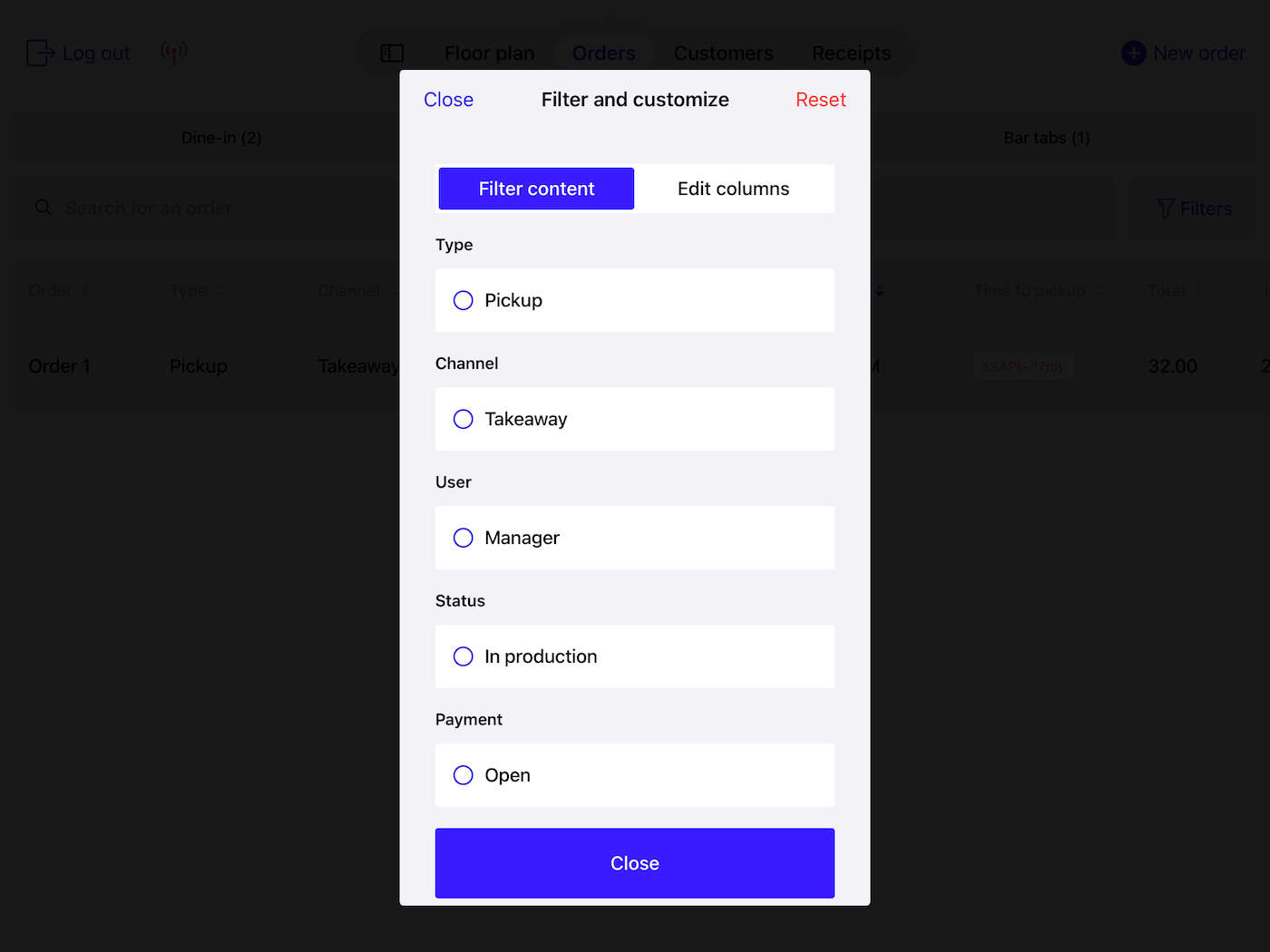 The Orders screen in Lightspeed POS. The Filter content pop-up is visible.