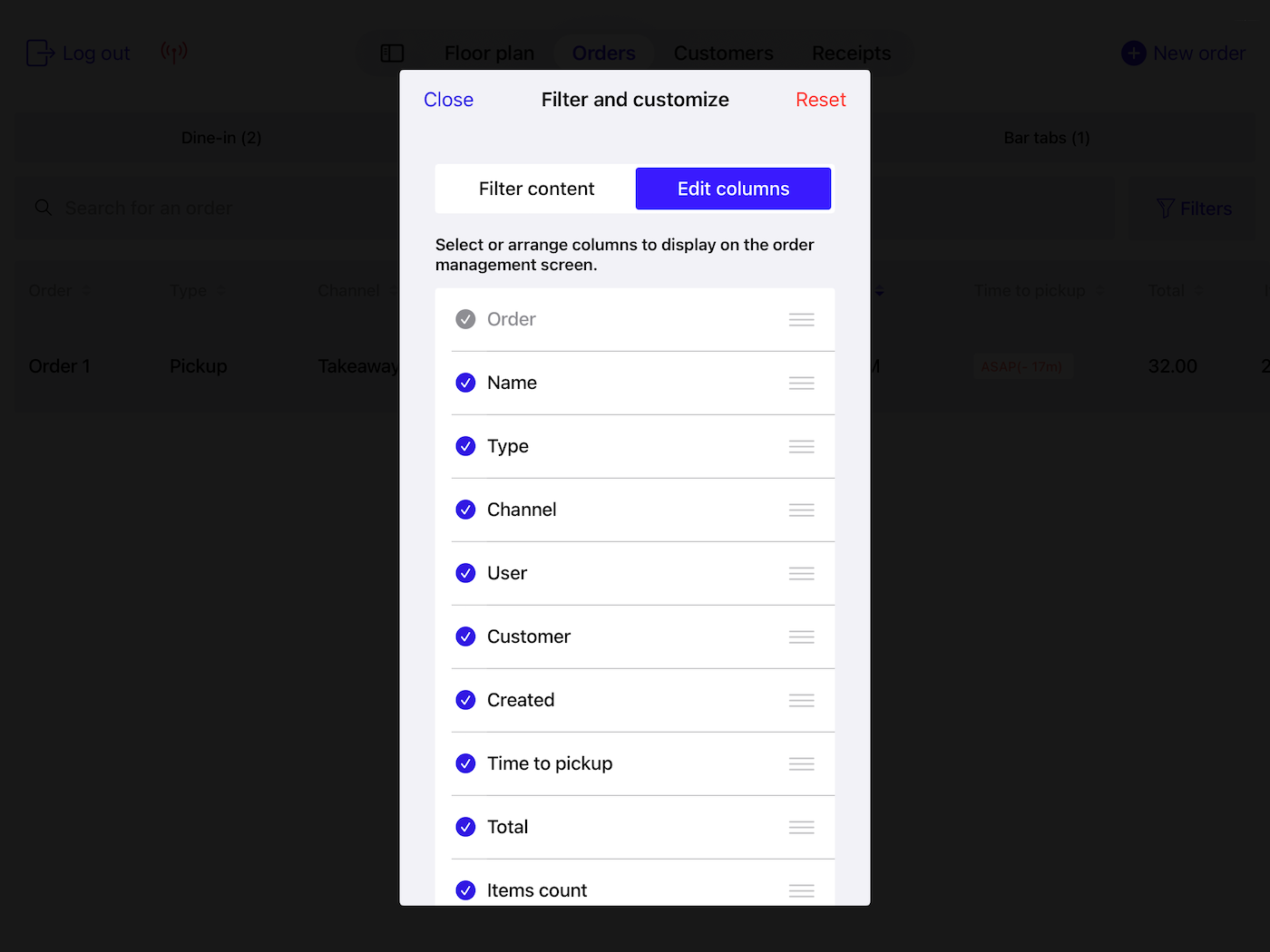 The Orders screen in Lightspeed POS. The Edit columns pop-up is visible.