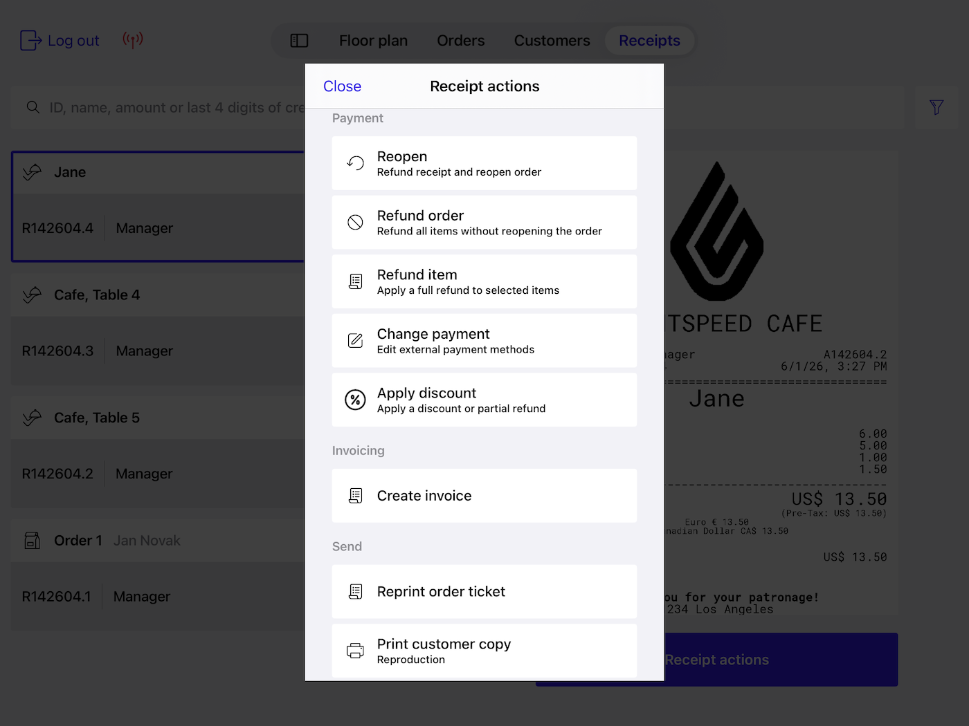 The Receipt actions menu in Restaurant POS.