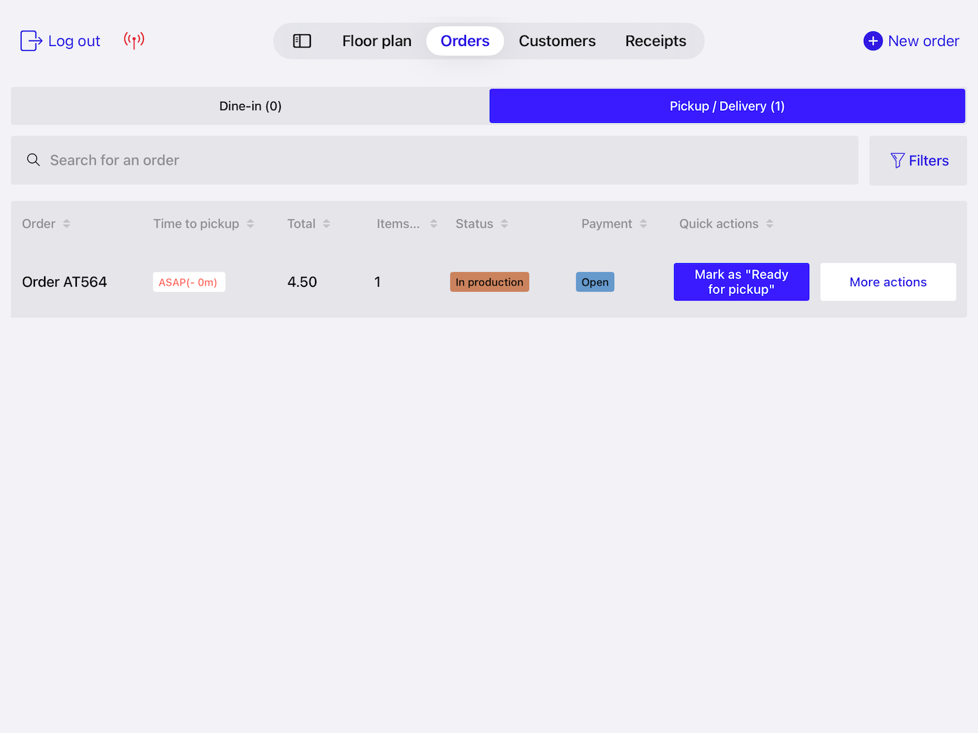 Lightspeed Restaurant POS screen showing pickup and delivery orders
