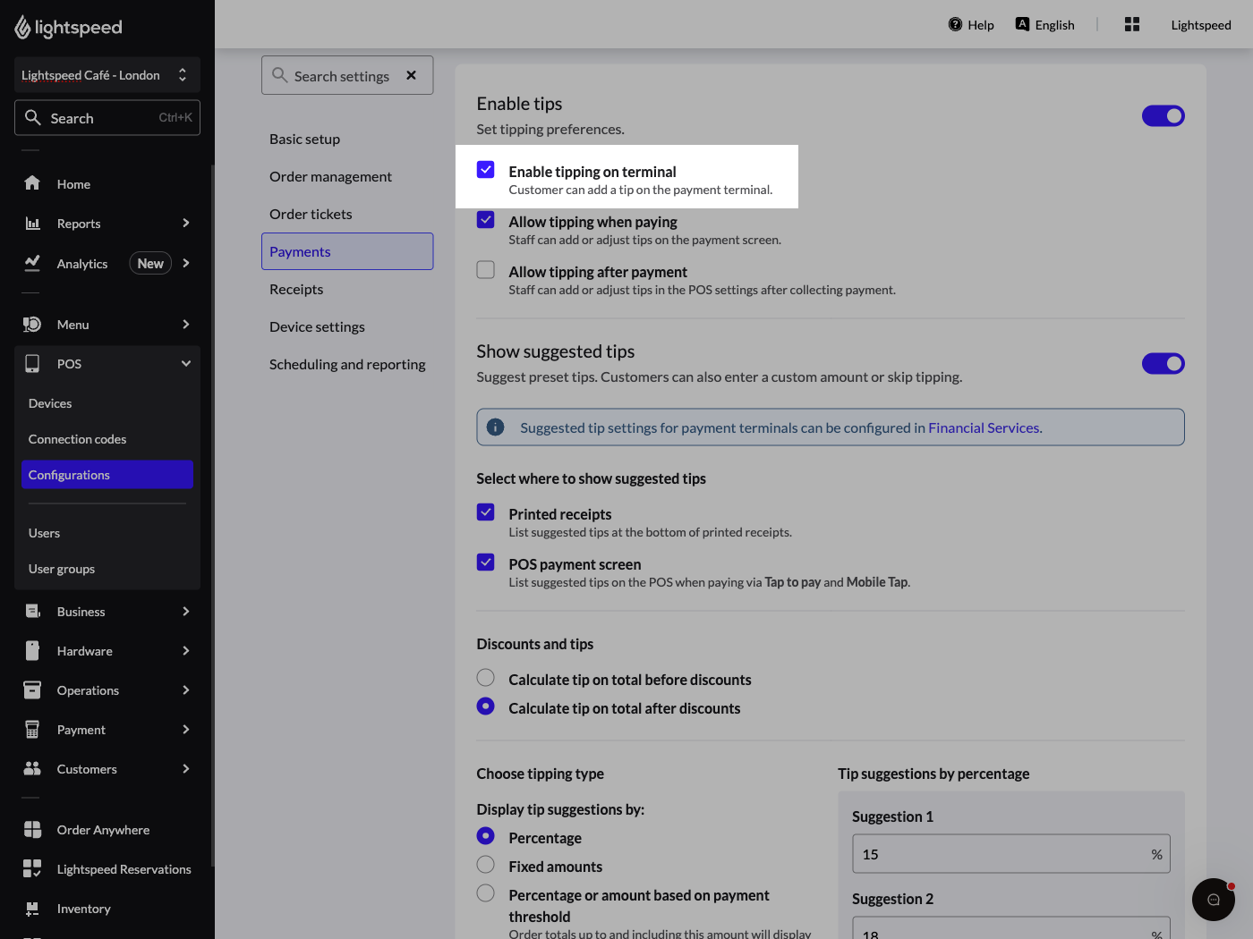 Page de modification d’une configuration dans l'arrière-boutique, le paramètre Permettre la saisie d’un pourboire sur le terminal de paiement (si pris en charge) est mis en évidence.