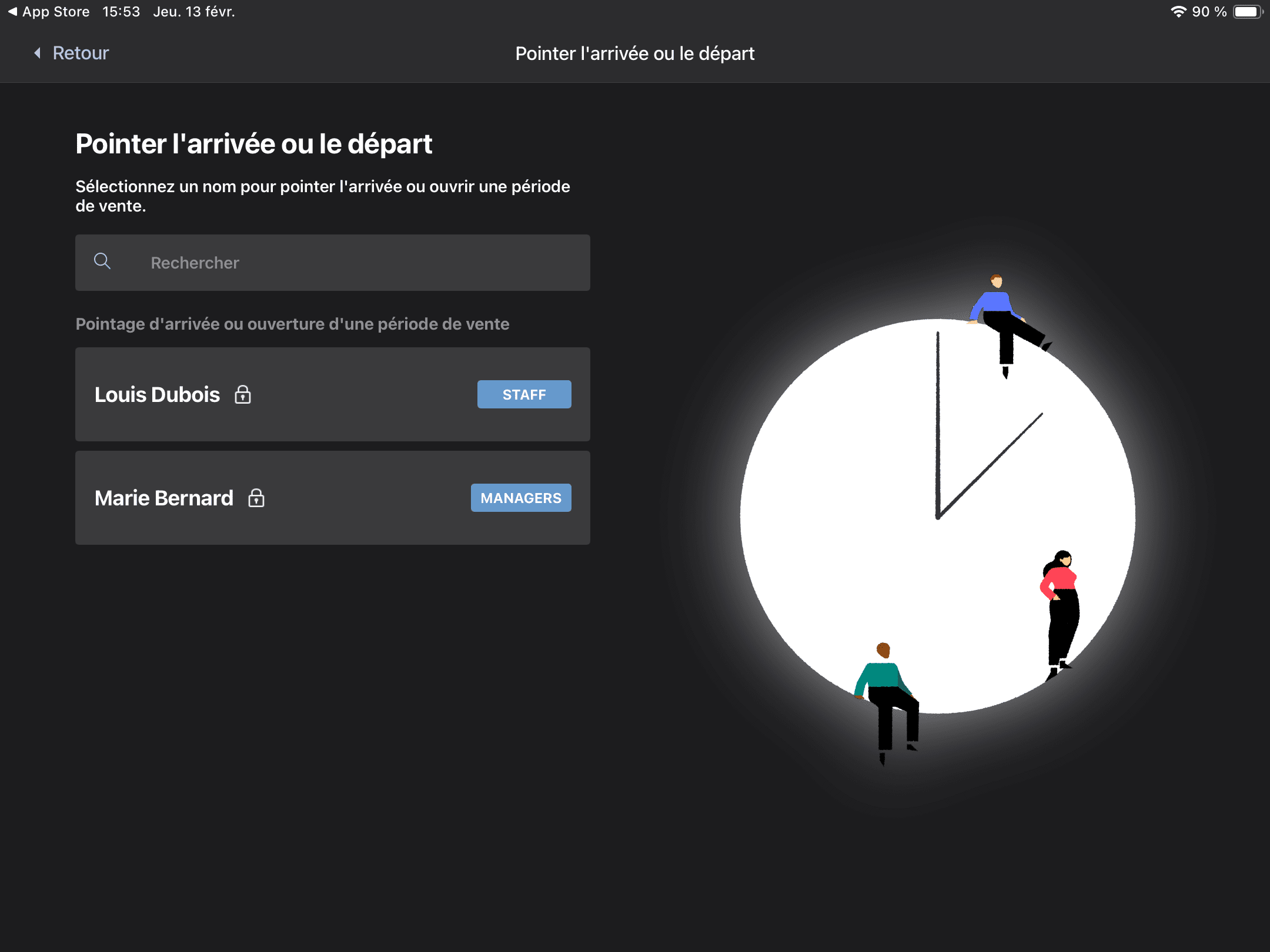 Page d’accueil Pointer l’arrivée montrant une liste de plusieurs employés
