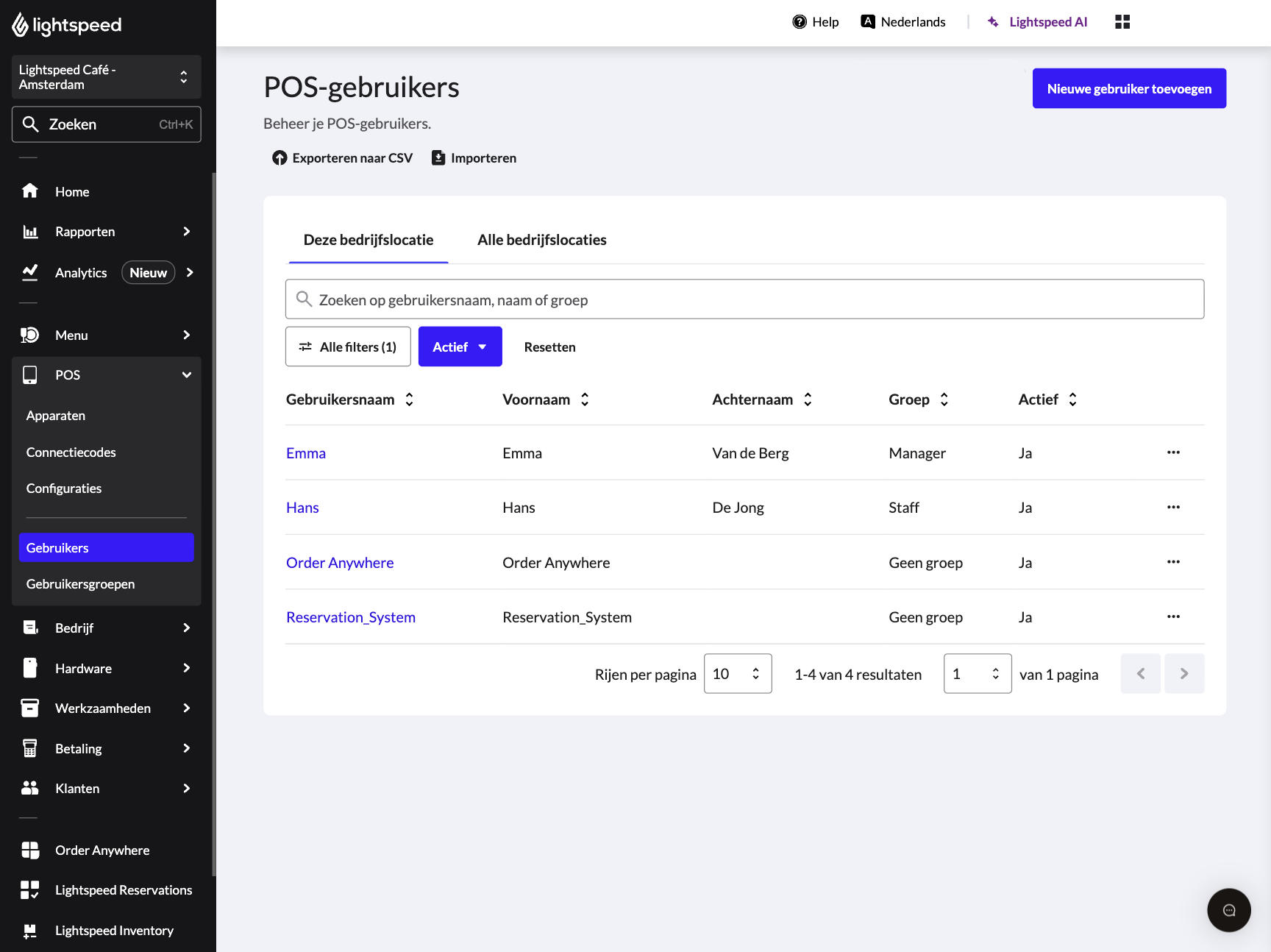 De landingspagina voor POS-gebruikers in de backoffice