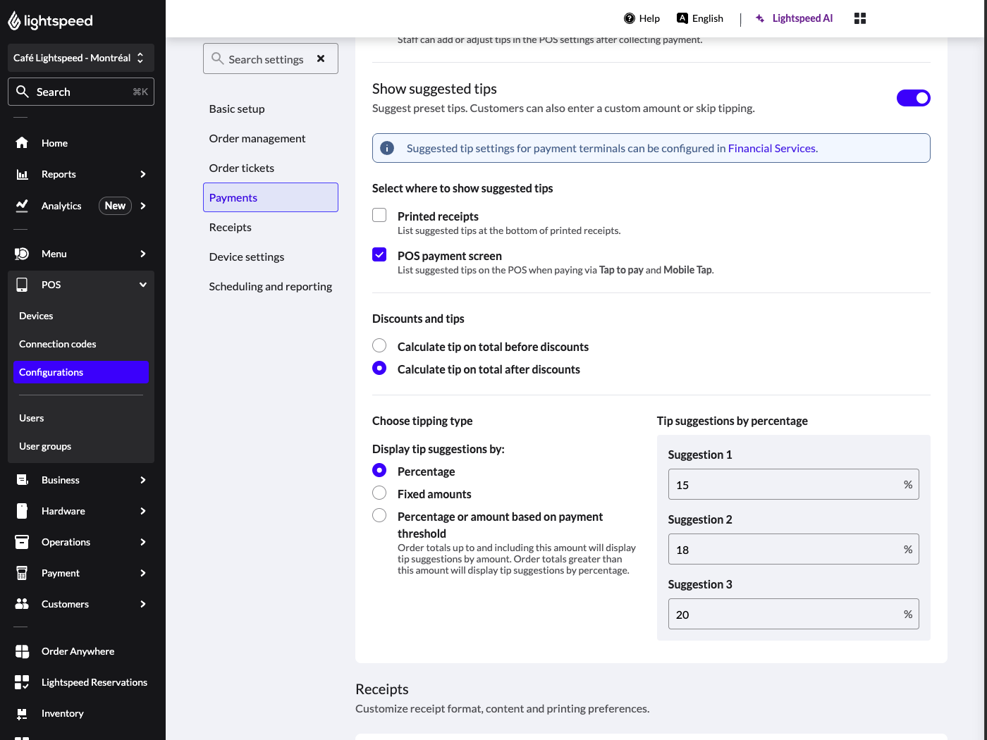 Het gedeelte Betalingen van de POS-configuratiepagina. 'Voorgestelde fooien weergeven' is ingeschakeld.