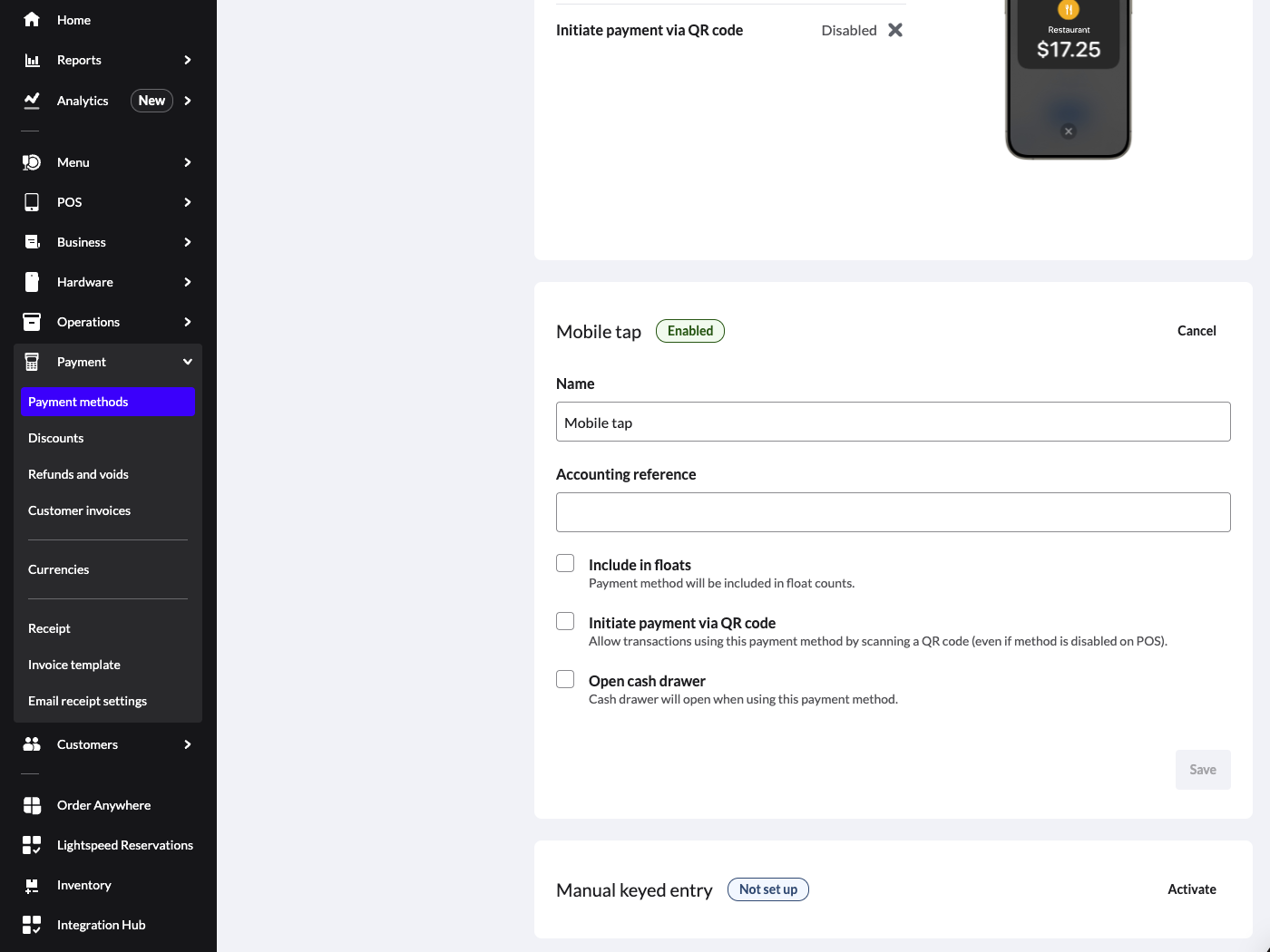 La tuile des paramètres pour le lecteur de carte Mobile Tap.