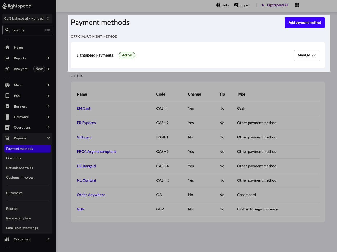 La page des modes de paiement dans le Back Office. L'option de gestion des paiements Lightspeed a été mise en évidence.