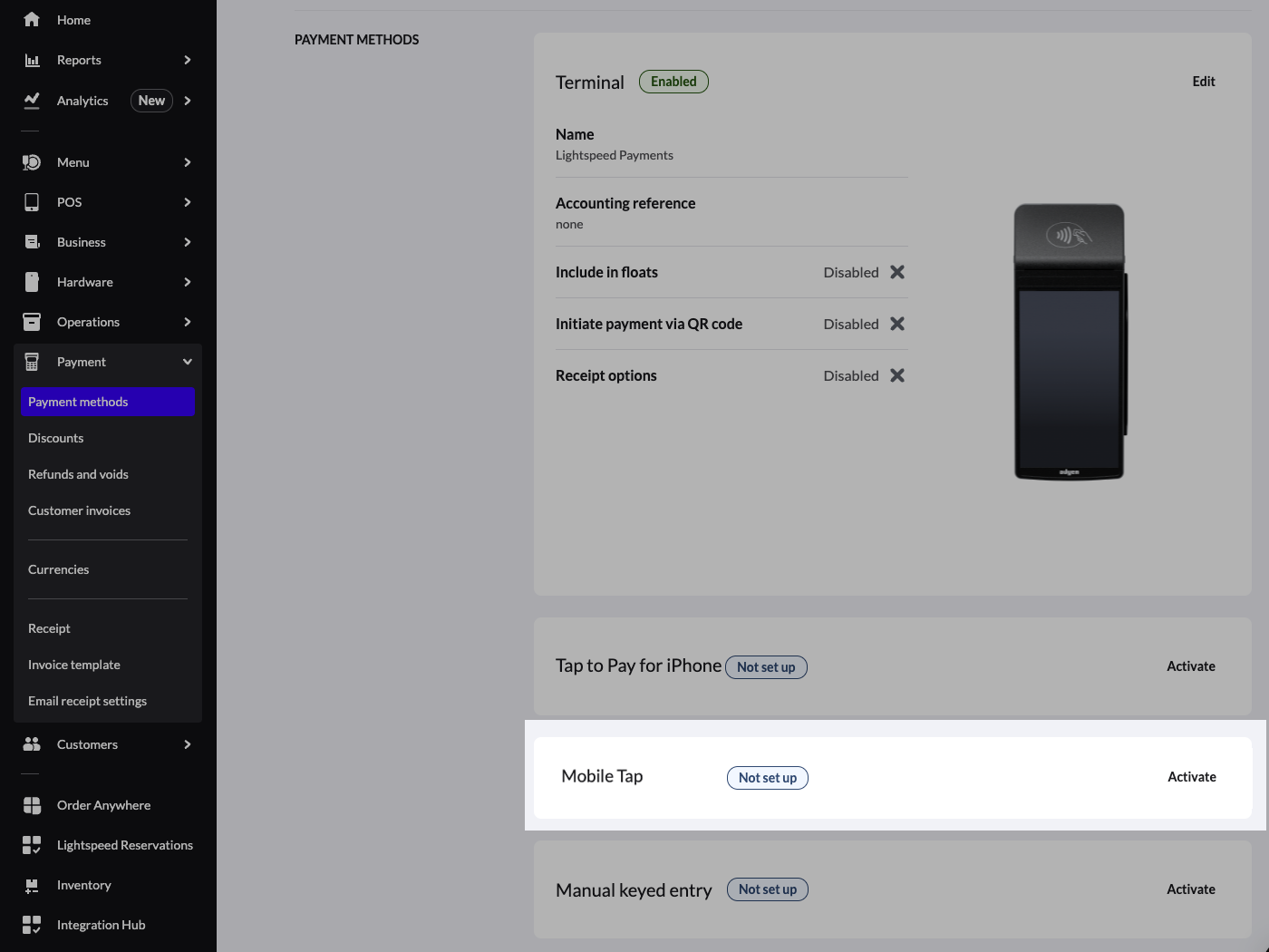 La page de gestion de Lightspeed Payments. La tuile pour le paiement mobile sans contact a été mise en évidence.
