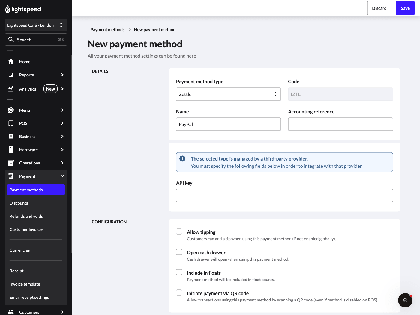 New payment method screen with Zettle selected as the method type and "PayPal" entered as the name.