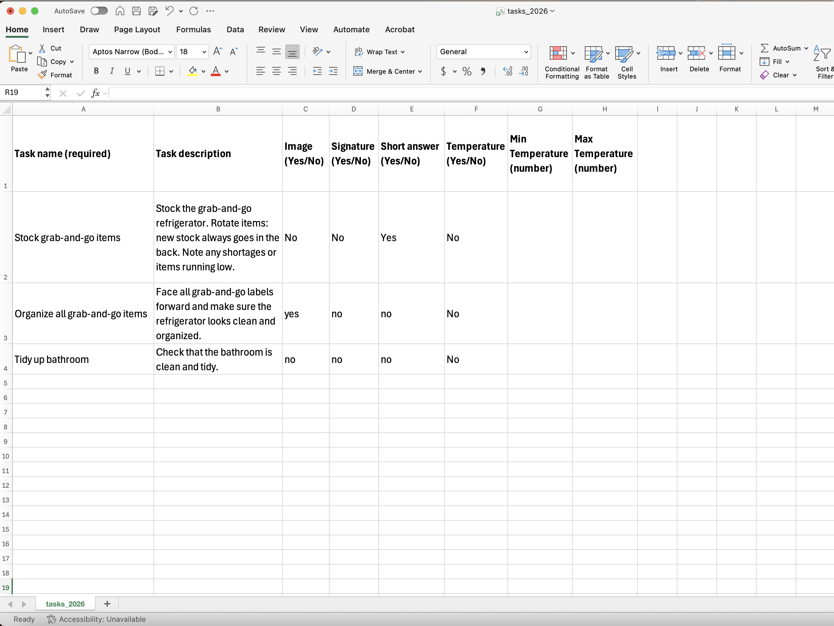 Eine Excel-Datei mit korrekt formatierten Aufgaben zum Importieren. Eine längere Beschreibung der ersten Aufgabe ist der obigen Tabelle zu entnehmen. 