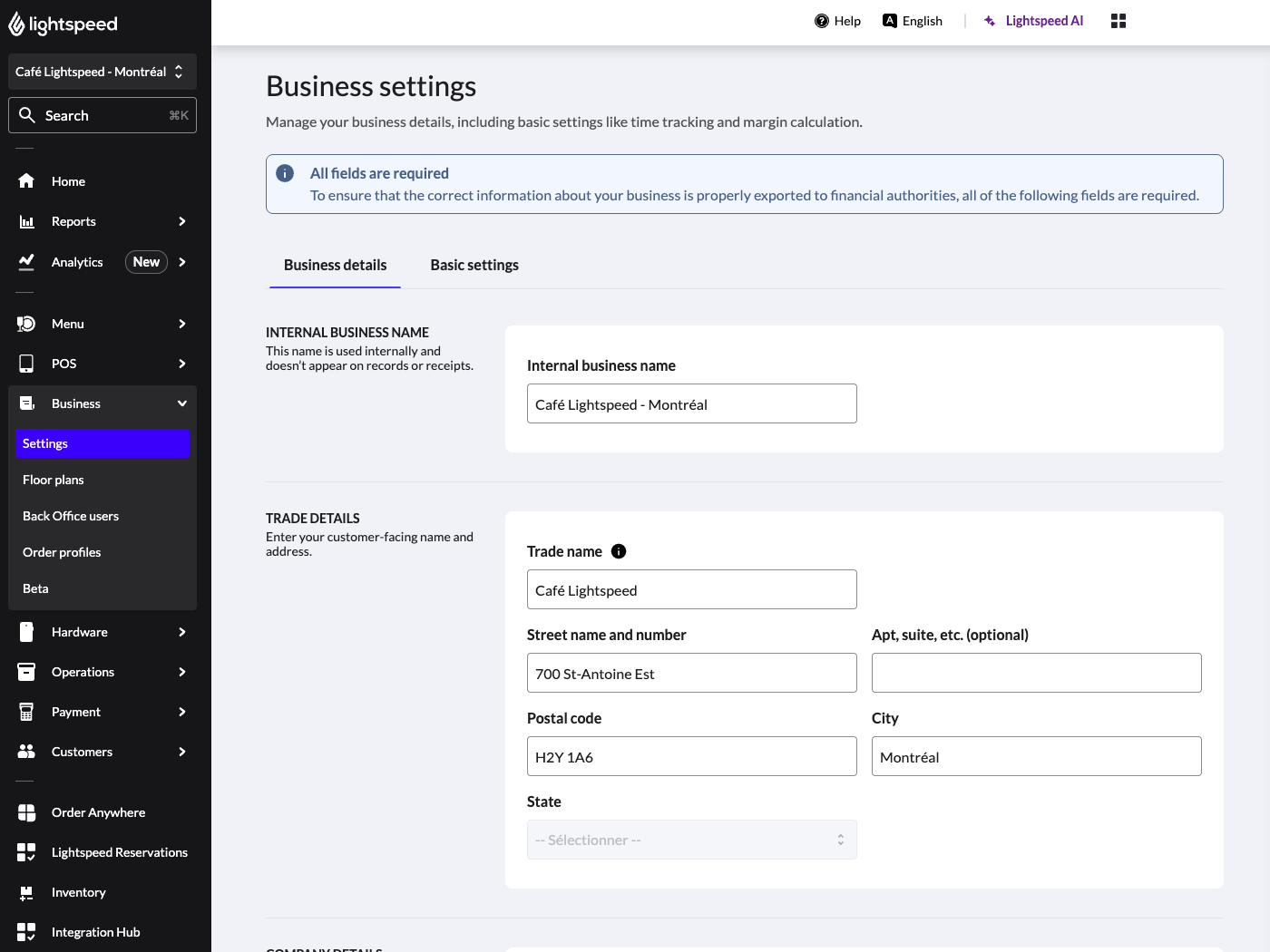 The Business settings page in Lightspeed Restaurant Back Office.